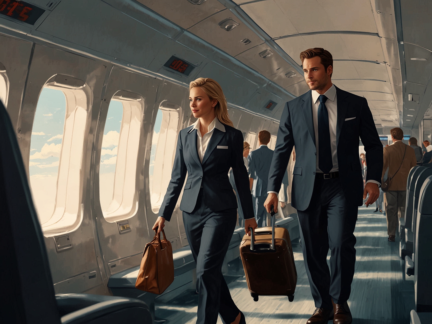 Passengers orderly exiting an airplane, starting with those closest to the exit. Flight attendants provide guidance, ensuring a smooth and organized disembarkation.