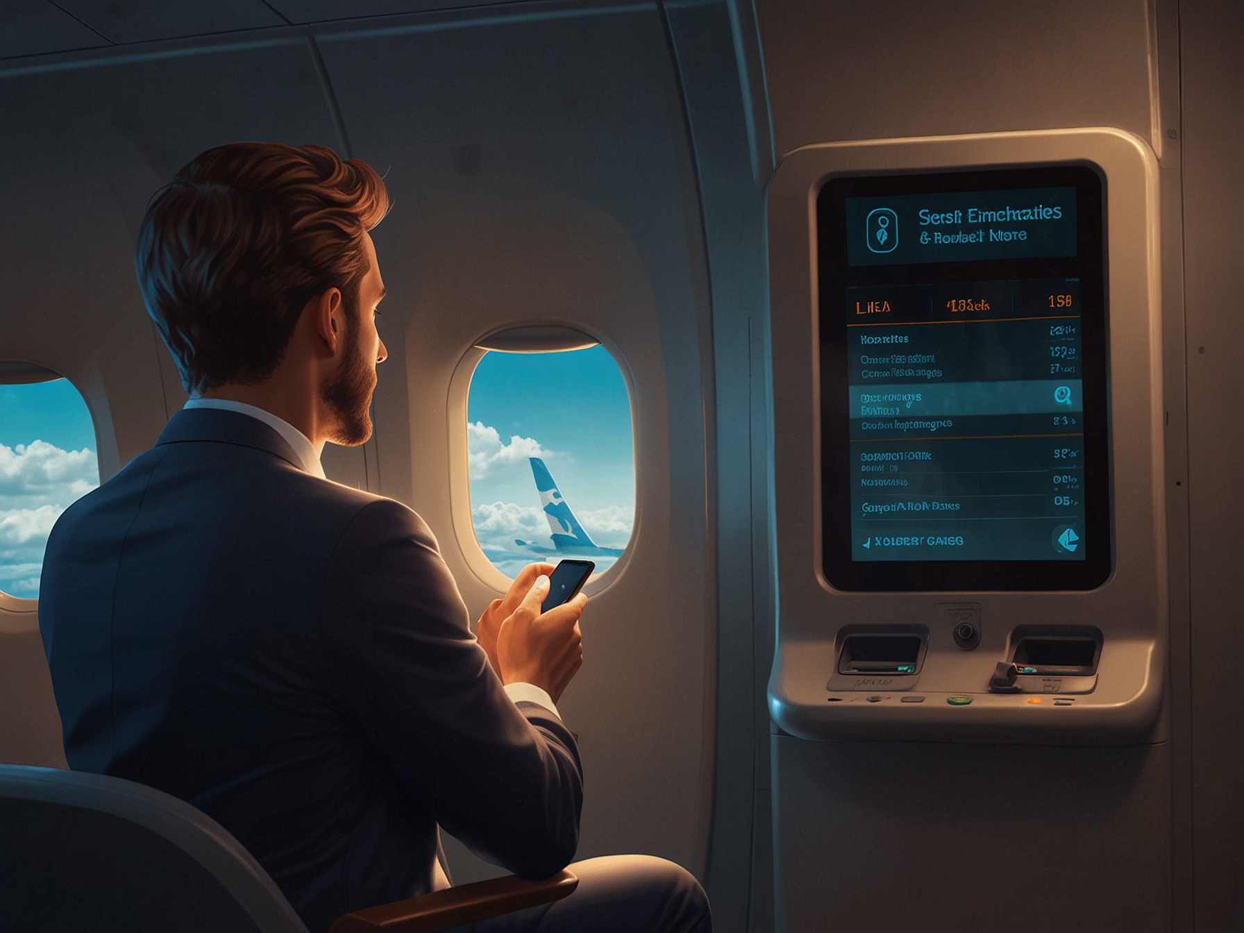 A digital screen onboard an airplane notifying passengers of their turn to exit. The use of technology aids in managing a seamless and efficient disembarkation process.
