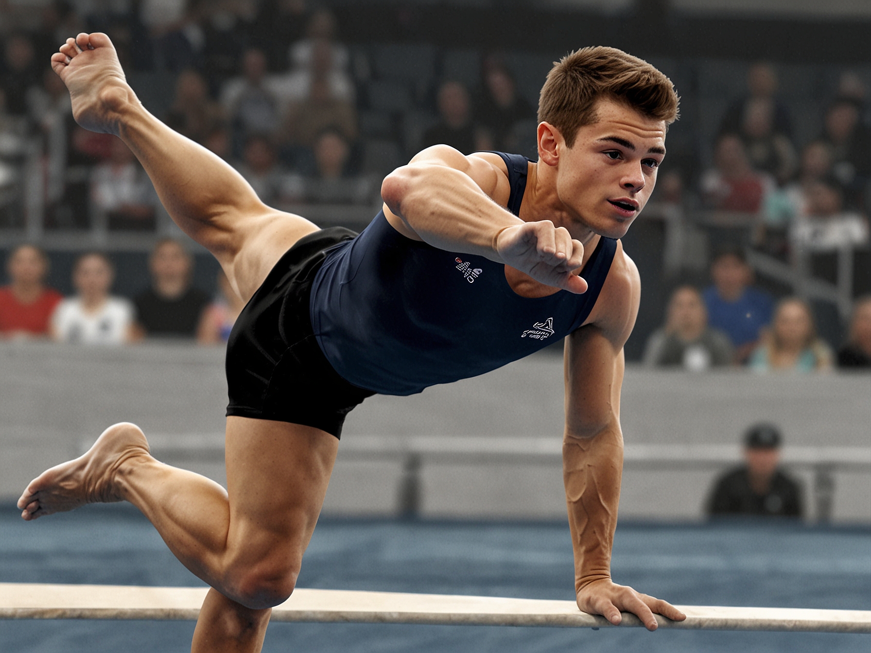 Brody Malone delivers a powerful floor exercise routine during Day 1 of the U.S. gymnastics trials, captivating the audience with his strength, balance, and flawless execution.