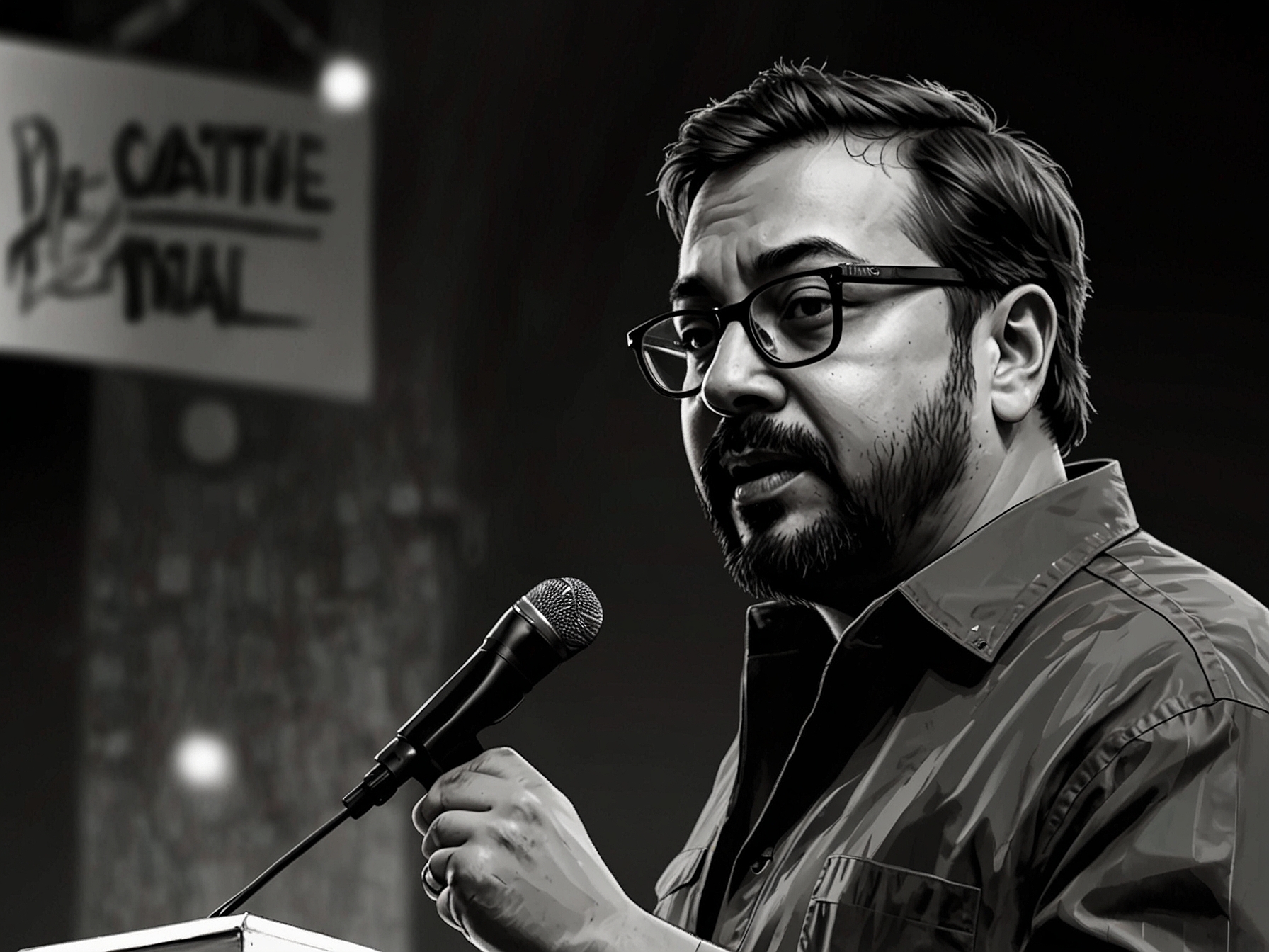 An image showing Anurag Kashyap speaking at a film festival, emphasizing his thoughts on the importance of trained actors over influencers in preserving the quality of cinema.