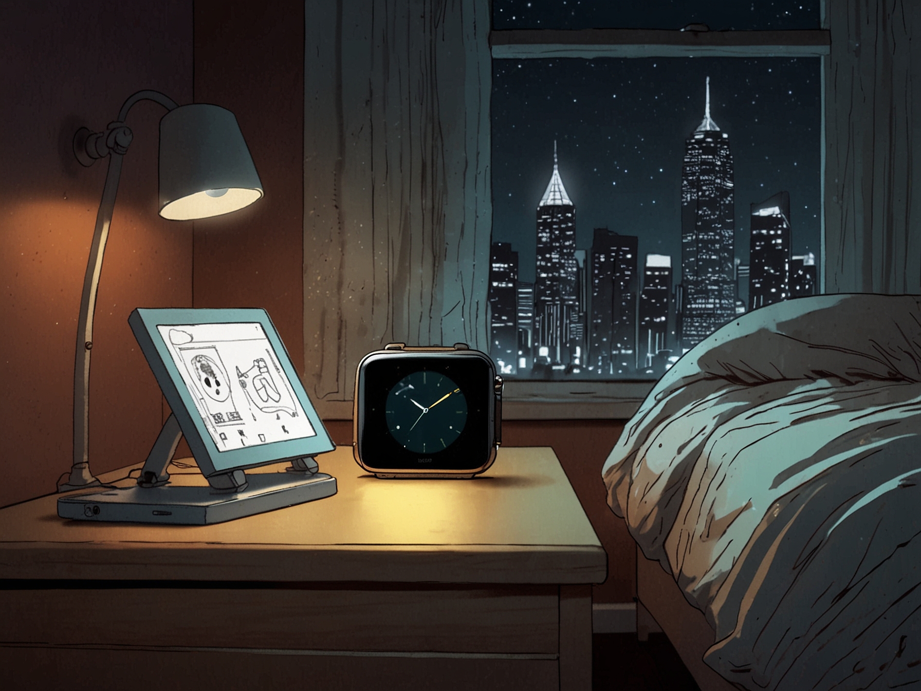 An illustration of a smartwatch with 'Sleep Mode' activated, showing a dimmed screen and no notifications. The watch is placed on a bedside table next to a sleeping person.