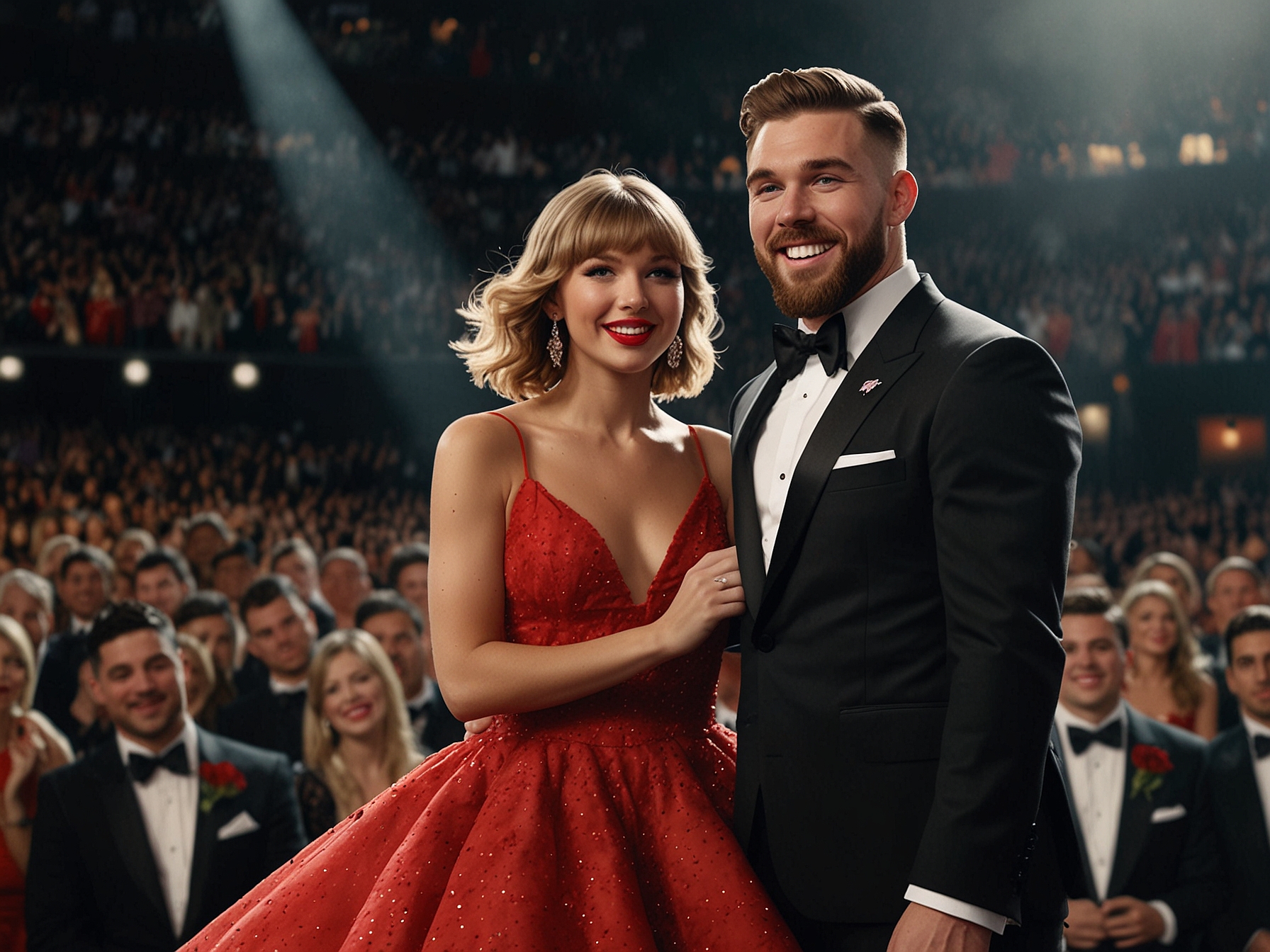 Travis Kelce, dressed in a tuxedo, top hat, and bow tie, joins Taylor Swift on stage. The couple shares a warm smile, emanating chemistry, while the crowd's excitement is palpable around them.
