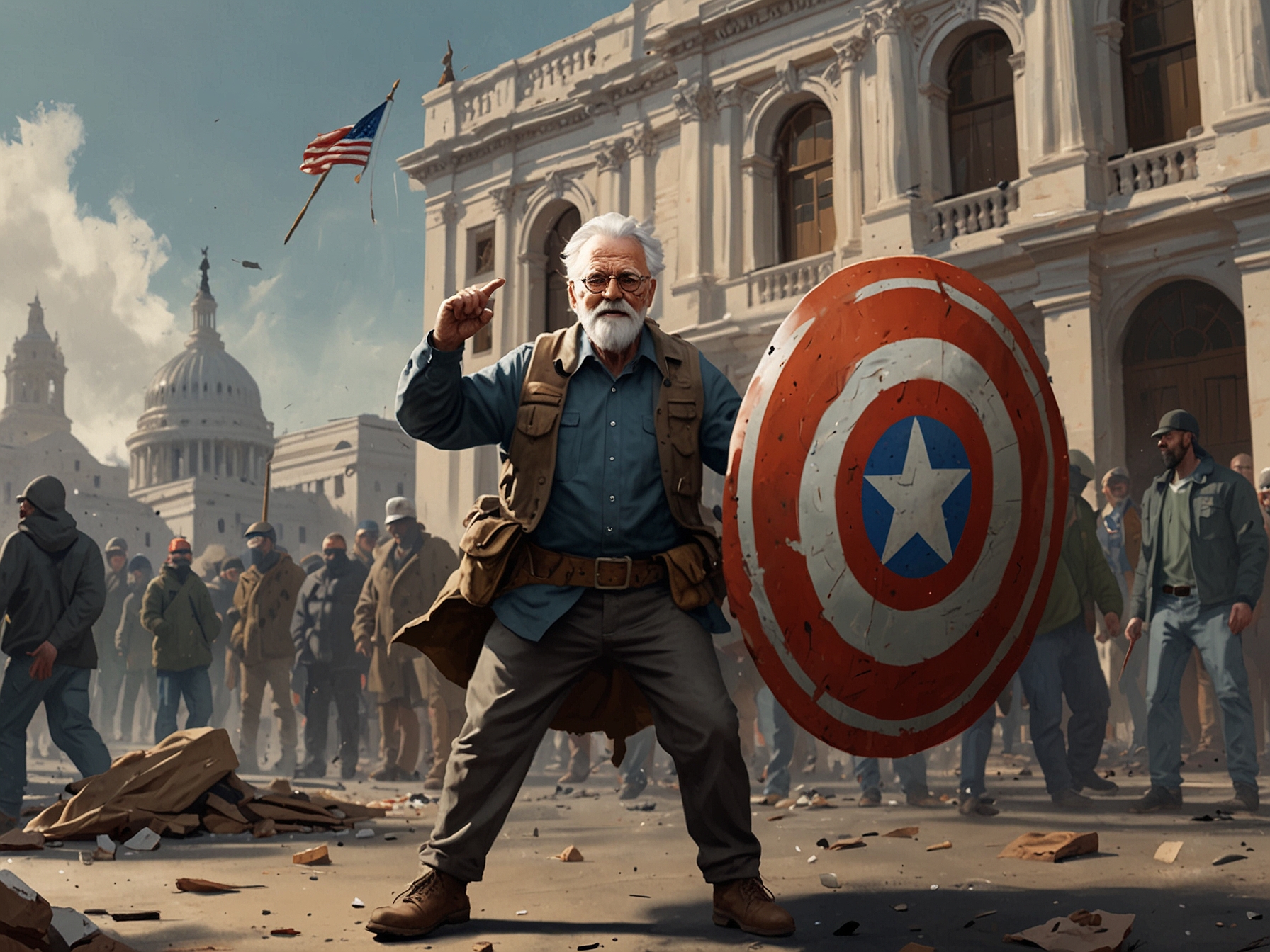 Illustration of 'Shield Grampy' wielding a shield during the January 6 Capitol riot, based on viral social media footage that highlighted his pivotal role in the insurrection.