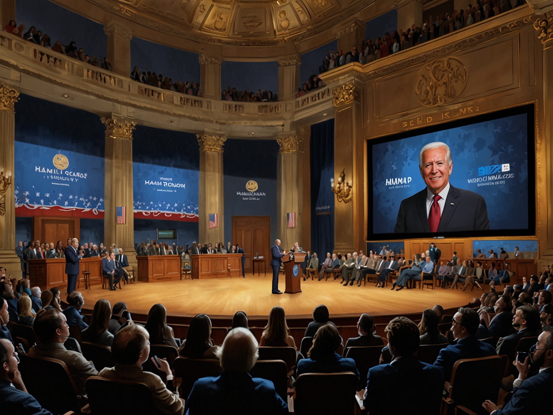 An image showing a lively crowd inside The Hamilton Live in downtown Washington D.C., with large screens displaying the Biden-Trump presidential debate and people engaged in discussion.