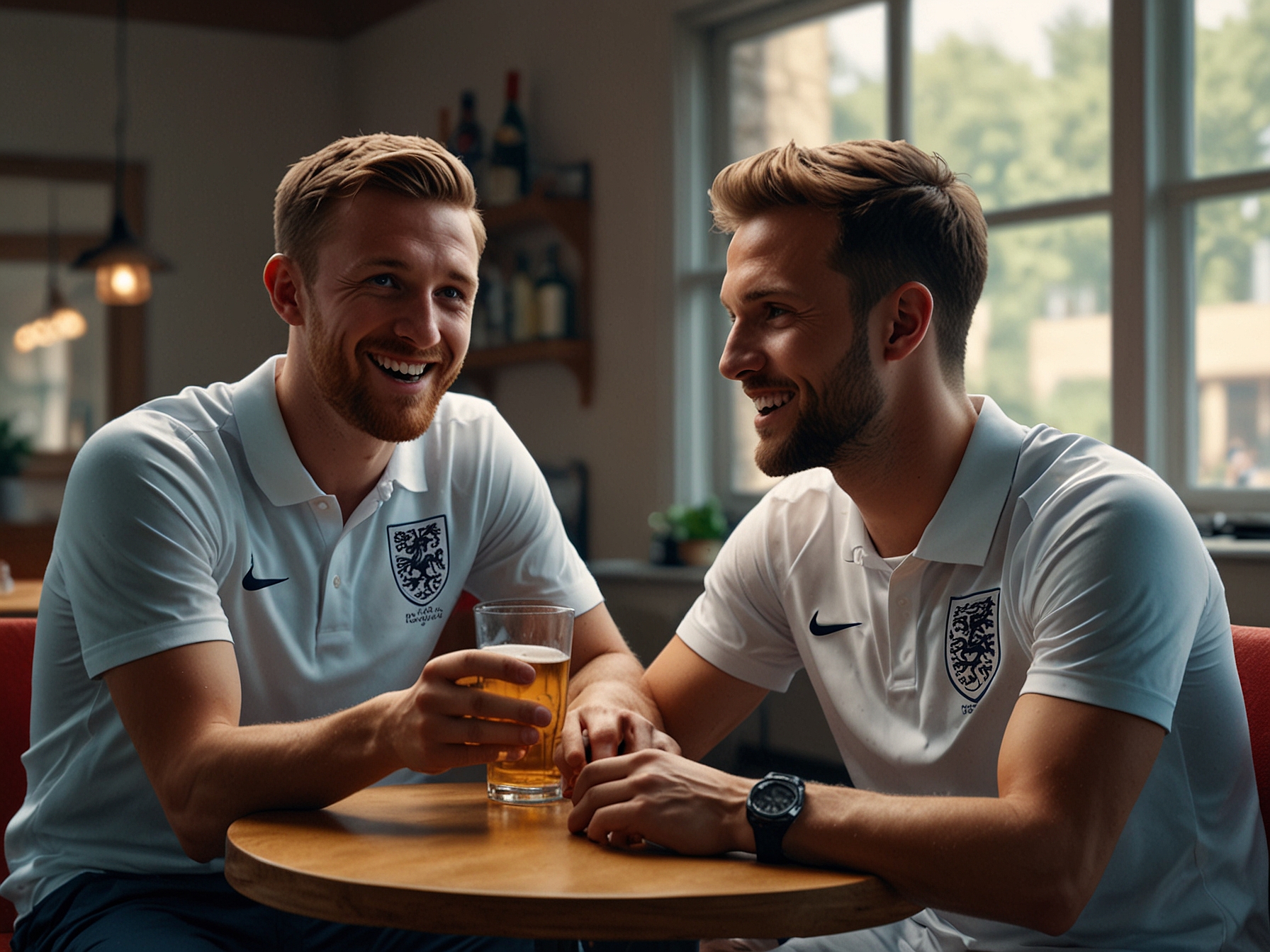England players seen enjoying a drink together during downtime ahead of their Euro 2024 match against Slovakia, showcasing team camaraderie and relaxed morale amid the high-pressure tournament.