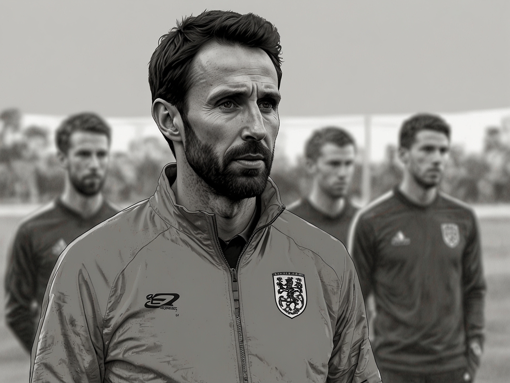 Gareth Southgate, the England manager, observing a training session with players, highlighting the preparation and strategic planning for the crucial encounter against Slovakia in Euro 2024.