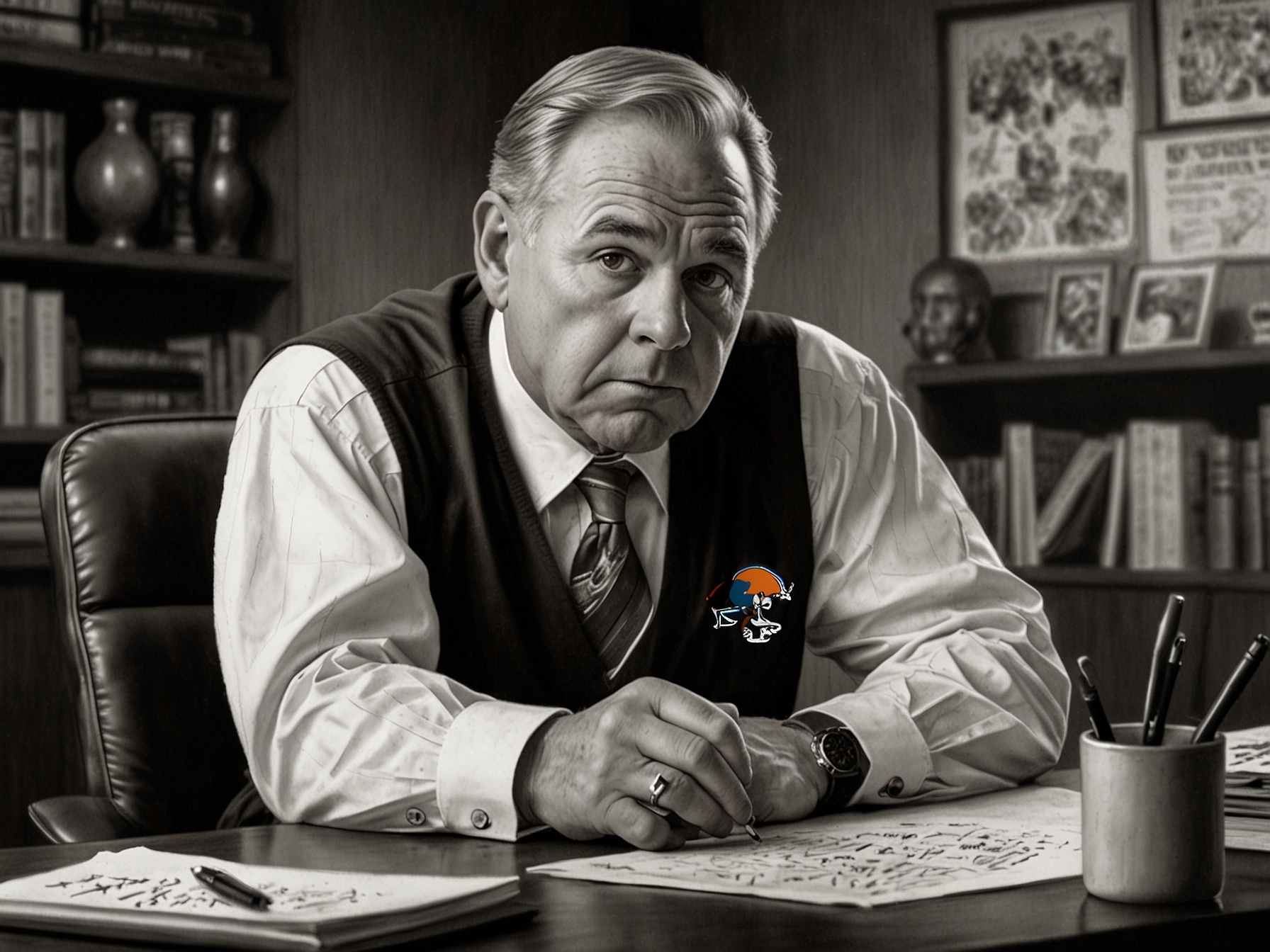 A scene from Draft Day showing Sonny Weaver, the general manager of the Cleveland Browns, intensely negotiating during the NFL Draft, capturing the drama and tension of the process.