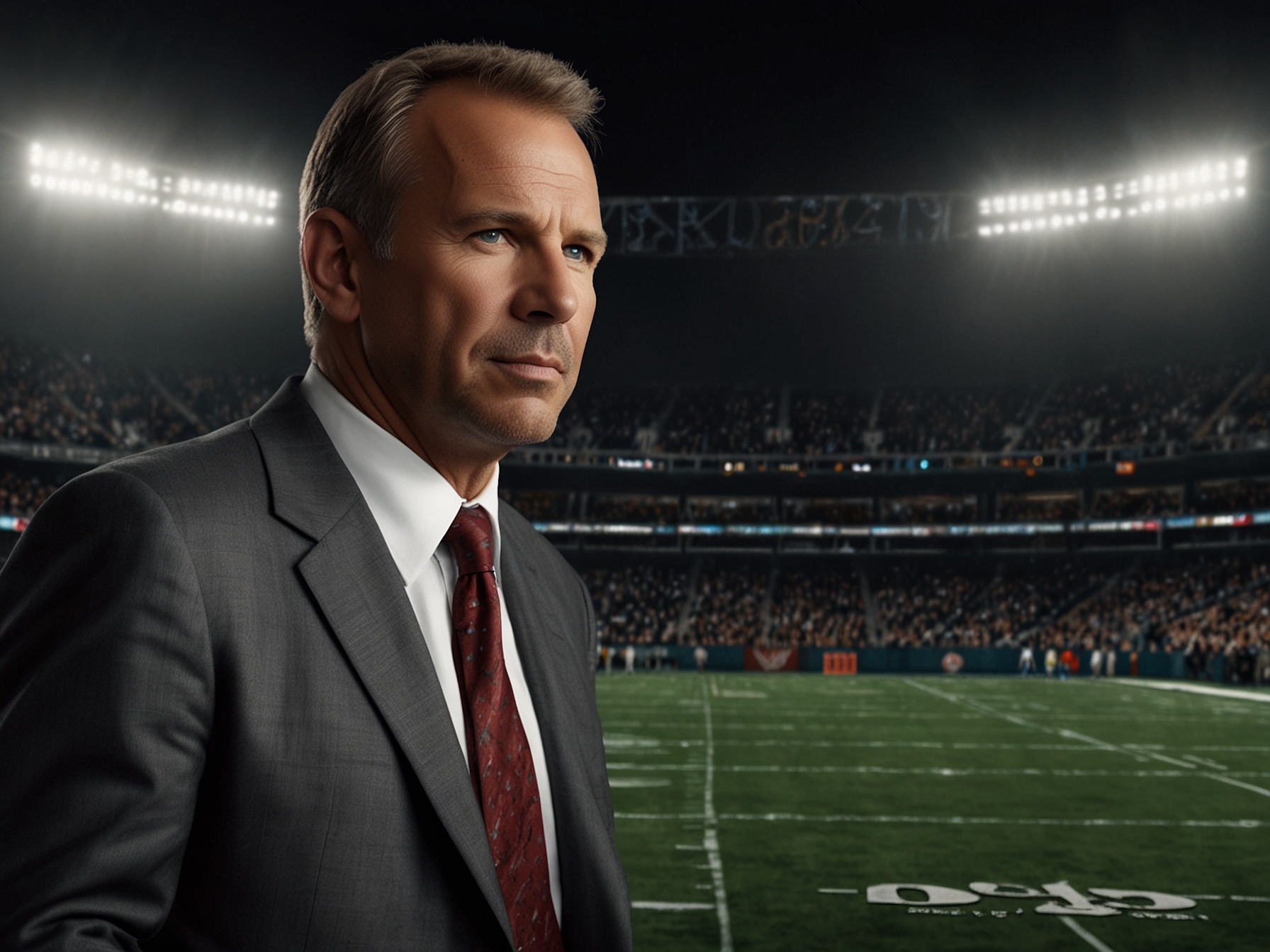 The movie poster of Draft Day featuring Kevin Costner as Sonny Weaver, against a backdrop of a football field, highlighting its focus on professional football and the high-stakes environment of the NFL Draft.