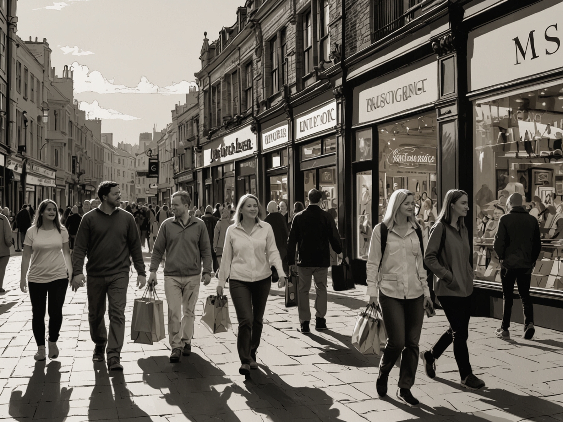 Busy shopping district in the UK showing increased consumer activity and high retail sales, reflecting a boost in consumer confidence and economic growth for early 2024.