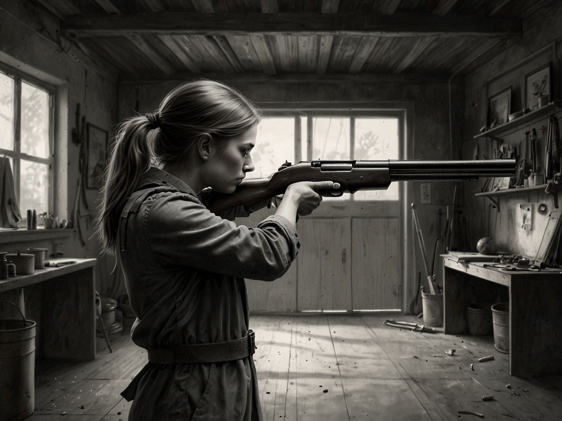A young Mary Tucker practicing shooting in a modest garage setup, demonstrating her early dedication and resourcefulness despite limited training facilities.