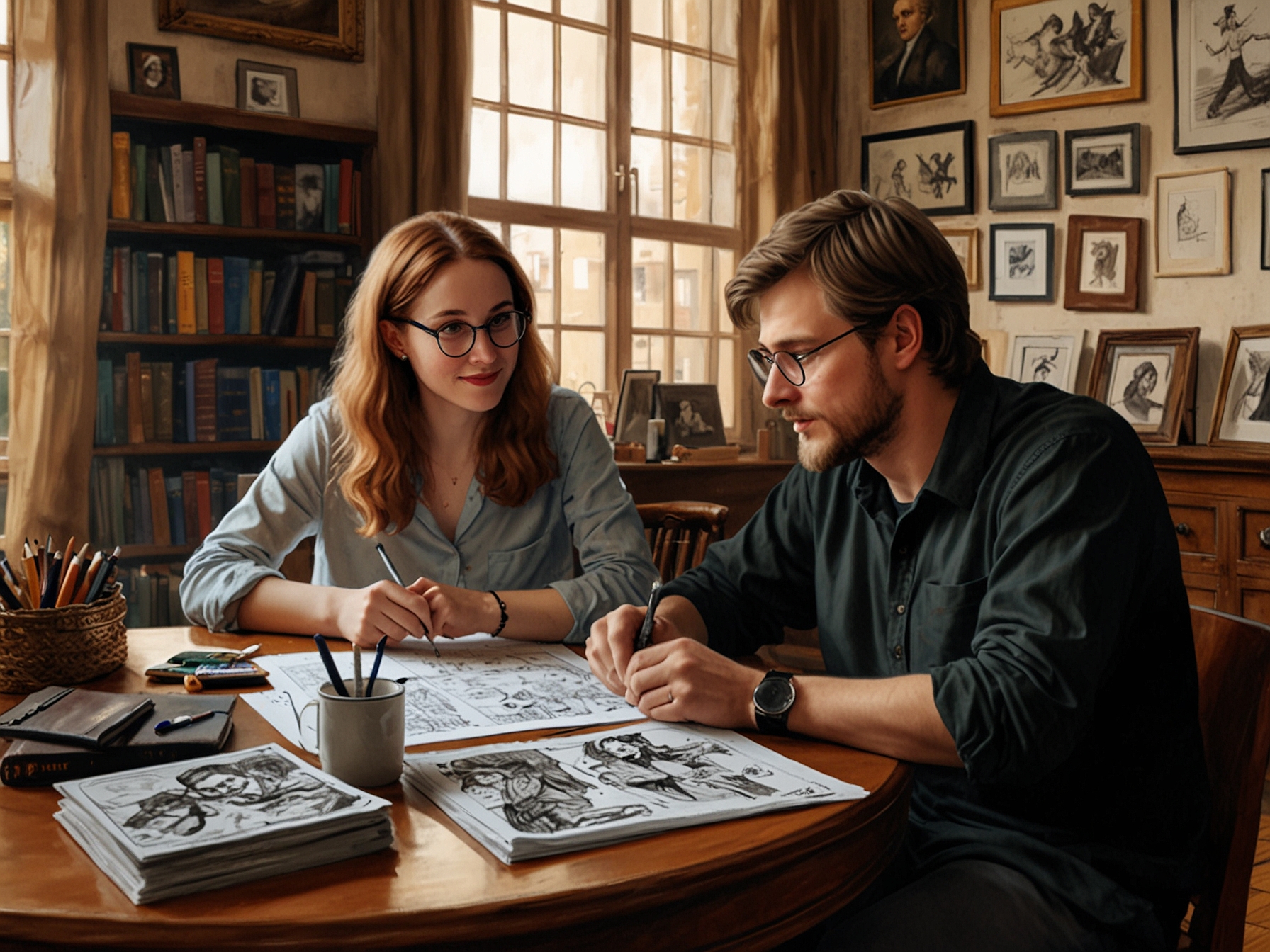 Francesca Gardiner and Mark Mylod, sitting together in a creative meeting, discuss plans for the upcoming Harry Potter TV series adaptation. Papers and sketches of Hogwarts are spread out on the table.