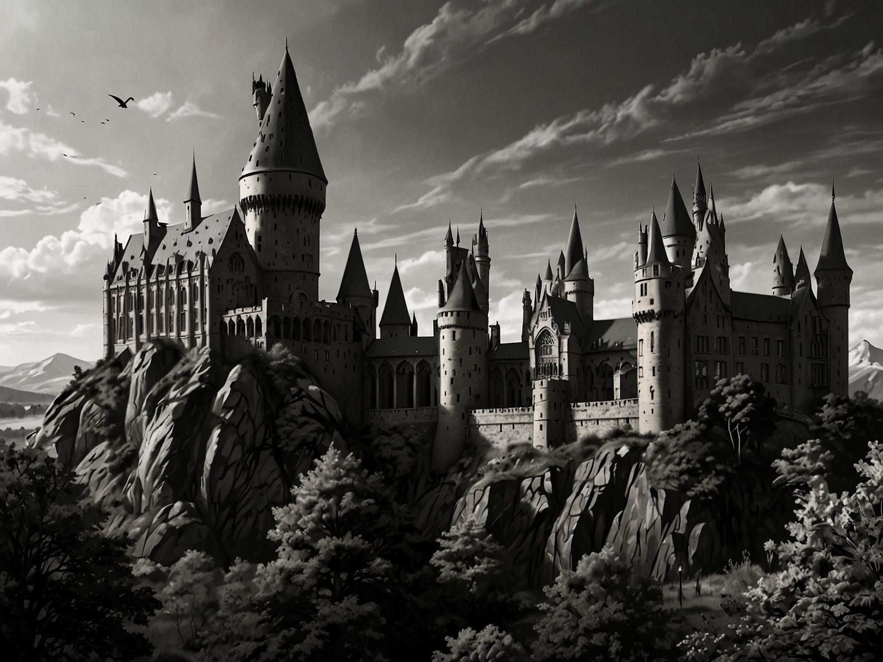 An artist’s rendering of a modernized Hogwarts with detailed characters from the Harry Potter series, indicating a fresh, character-driven approach. The image evokes both nostalgia and excitement.