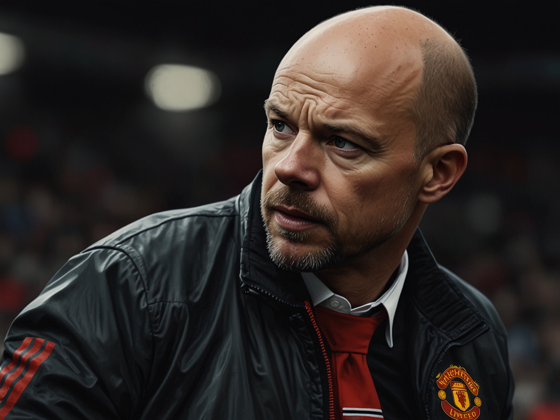 Manchester United's current manager Erik ten Hag strategizing on the sidelines during a match. The potential addition of Rene Hake could complement ten Hag's tactical expertise with high energy and discipline.