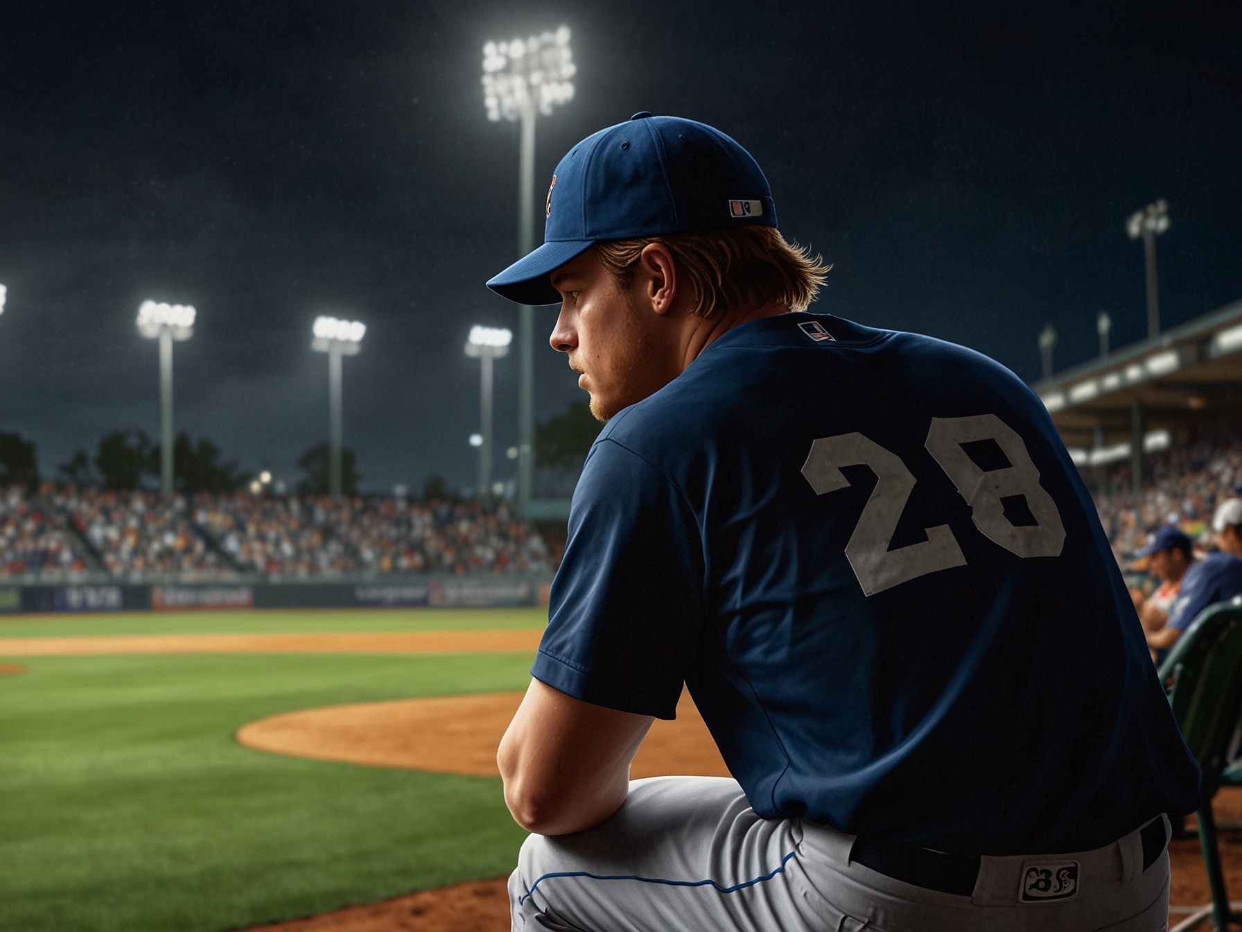 A poignant moment captured of Torkelson during a minor league game, reflecting on his journey. The stadium lights underscore the hopes pinned on his eventual return to MLB.