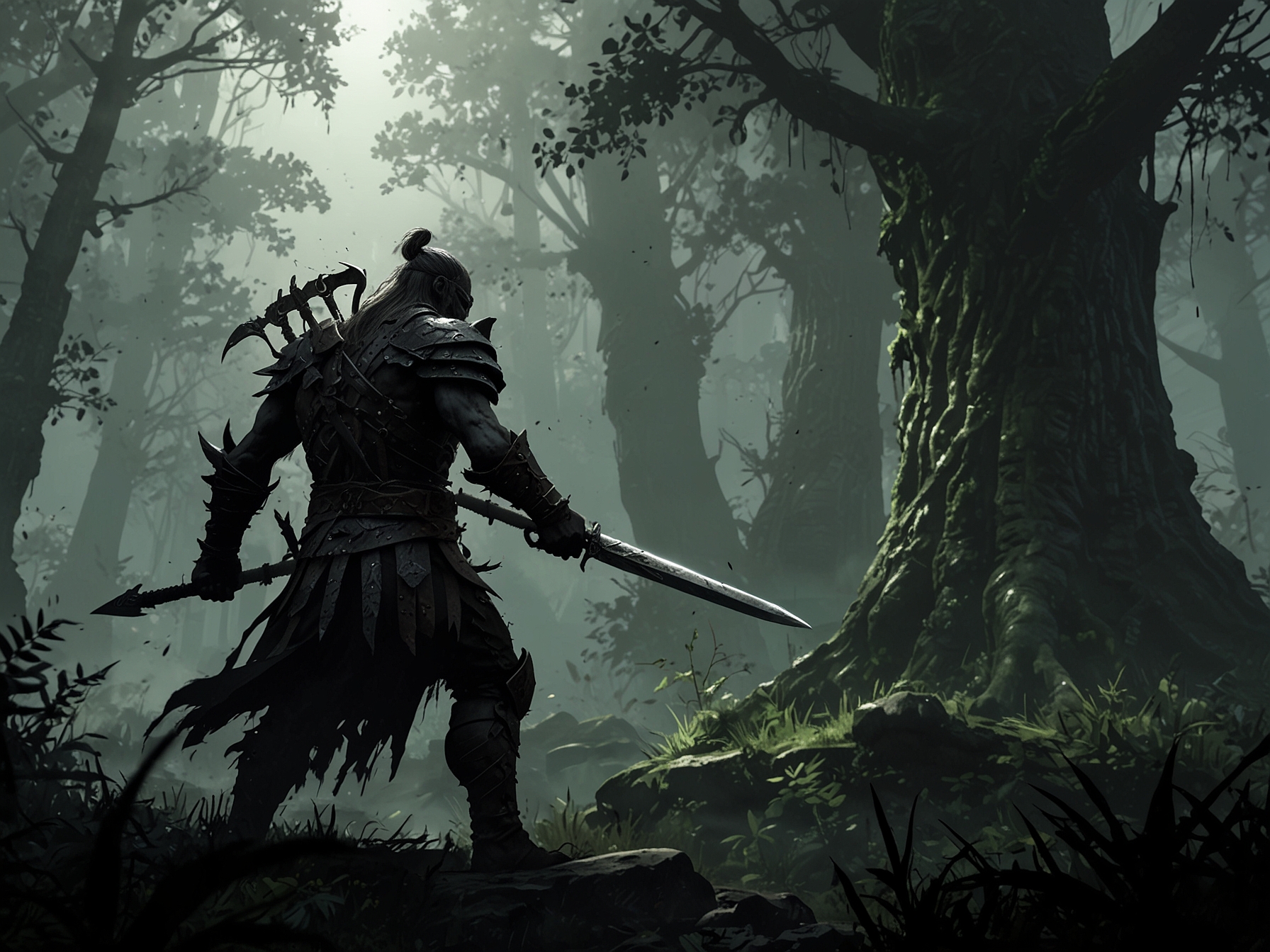 A screenshot of Shadows of the Erdtree features lush landscapes and challenging gameplay. A warrior is seen battling a new boss in this highly anticipated Elden Ring expansion.