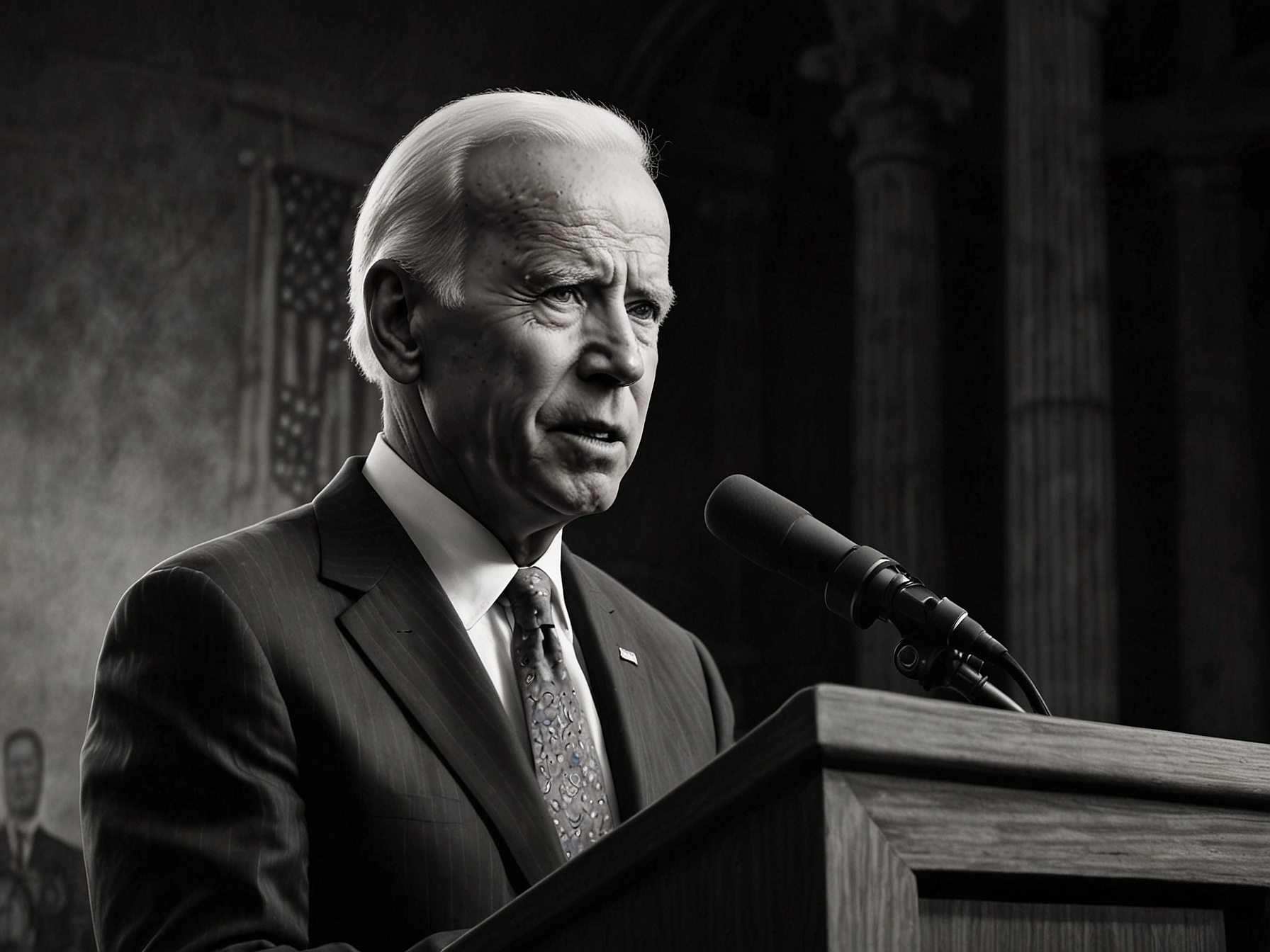 A photo of President Joe Biden speaking at a podium, looking determined and confident, which represents his commitment to staying the course despite recent debate criticisms.