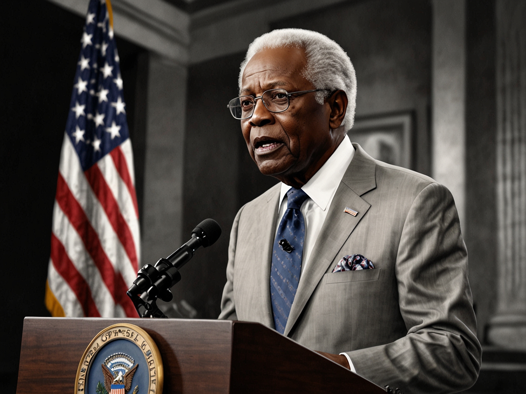 An image showing Rep. James E. Clyburn addressing the media, emphasizing his support for President Biden and underscoring the importance of party unity and stability in the upcoming election.
