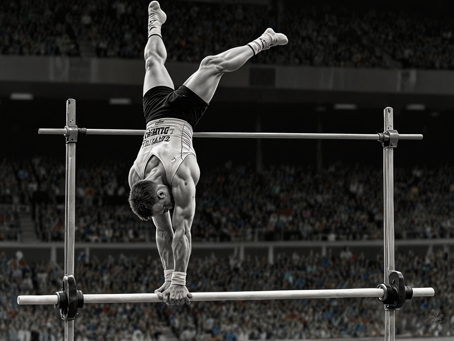 Brody Malone executes a high-difficulty maneuver on the horizontal bar, displaying his experience and precision as a three-time national champion at the U.S. Olympic gymnastics trials.