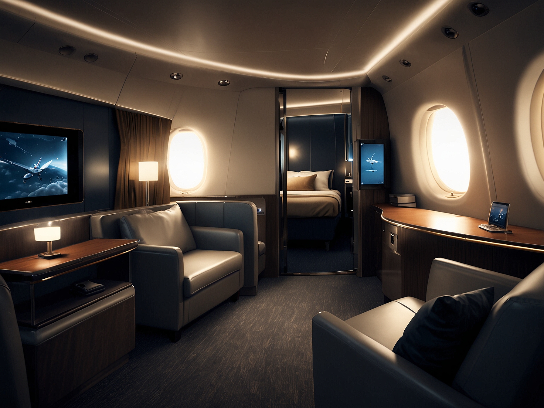 A luxurious private suite in British Airways' first-class cabin with high walls, sliding doors, a fully flat bed, and ambient lighting, epitomizing ultimate in-flight privacy and comfort.