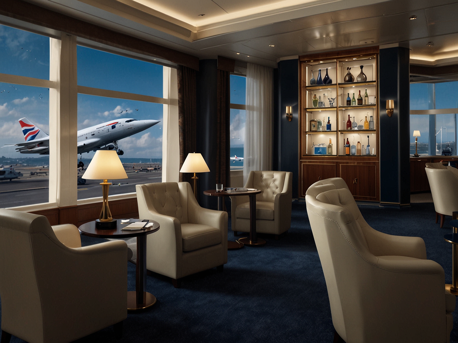 A look inside the Concorde Room, British Airways' exclusive lounge with private cabanas, à la carte dining, and panoramic runway views, showcasing the premium pre-flight experience for first-class passengers.