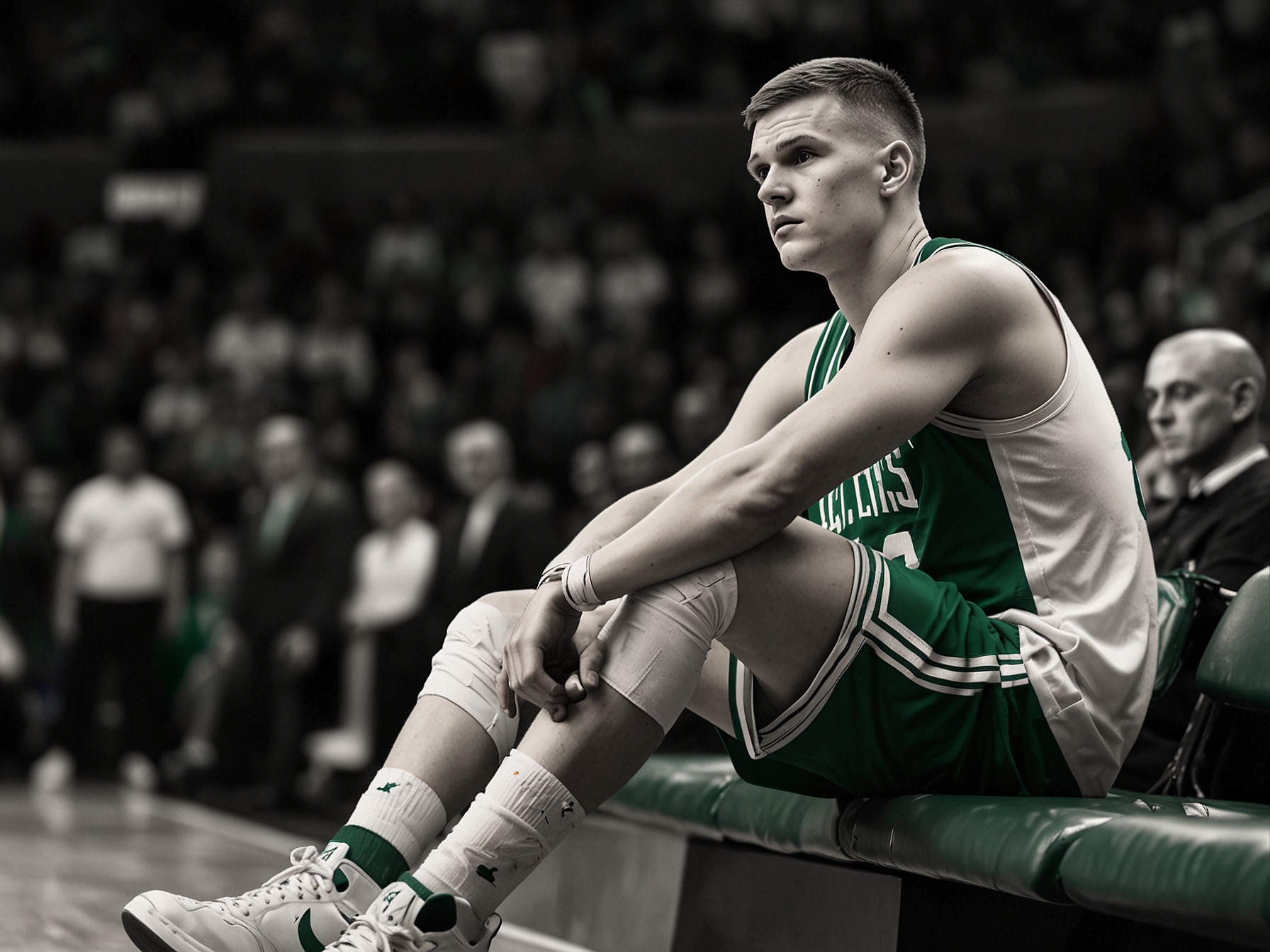 Kristaps Porzingis, in a Boston Celtics uniform, sitting on the bench with a bandaged left ankle, indicating his recovery process post-surgery and his anticipation to return to the court.