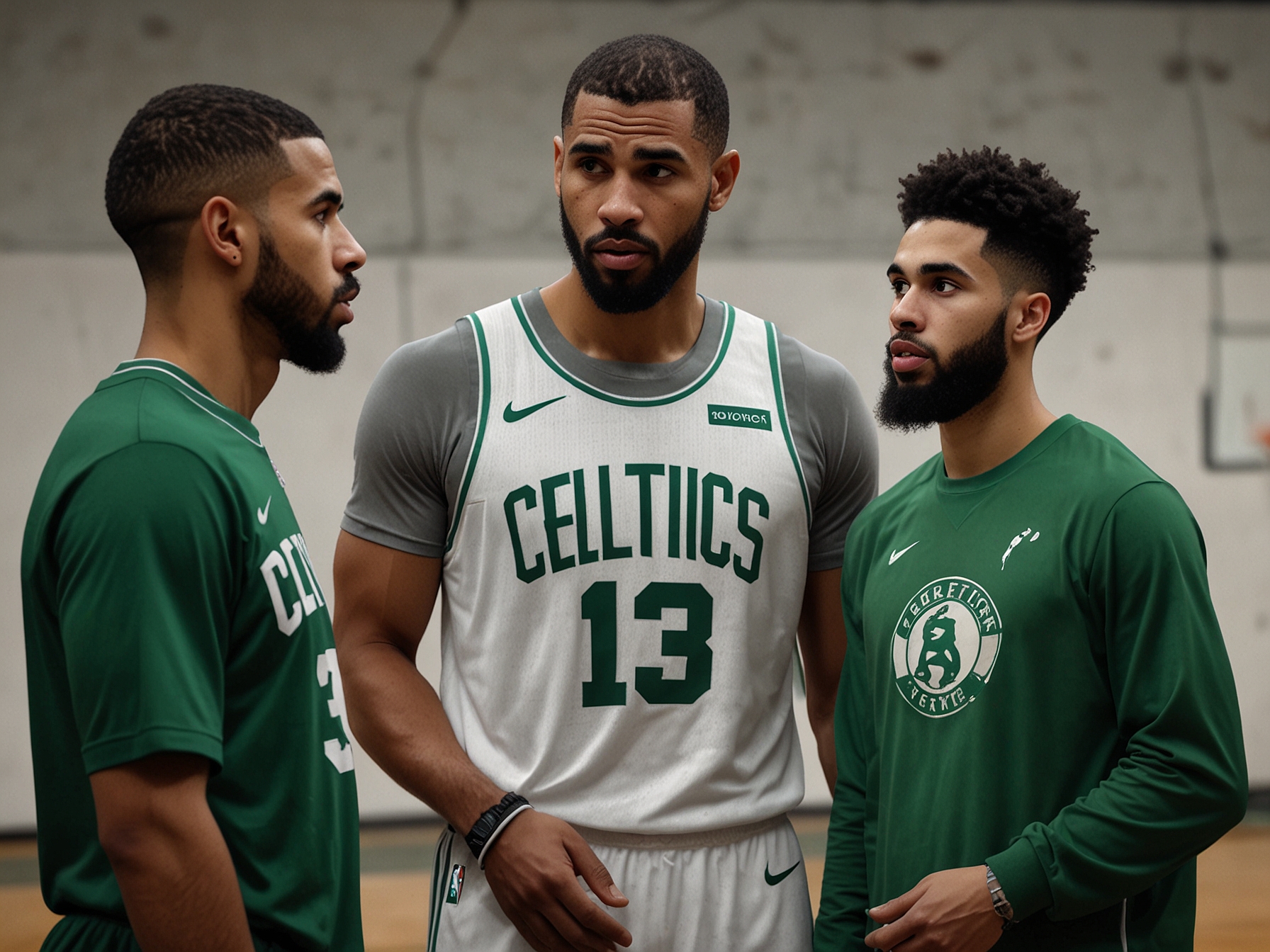 Celtics head coach Ime Udoka discussing strategy with team leaders Jayson Tatum and Jaylen Brown during practice, focusing on their preparation for the upcoming season without Porzingis.