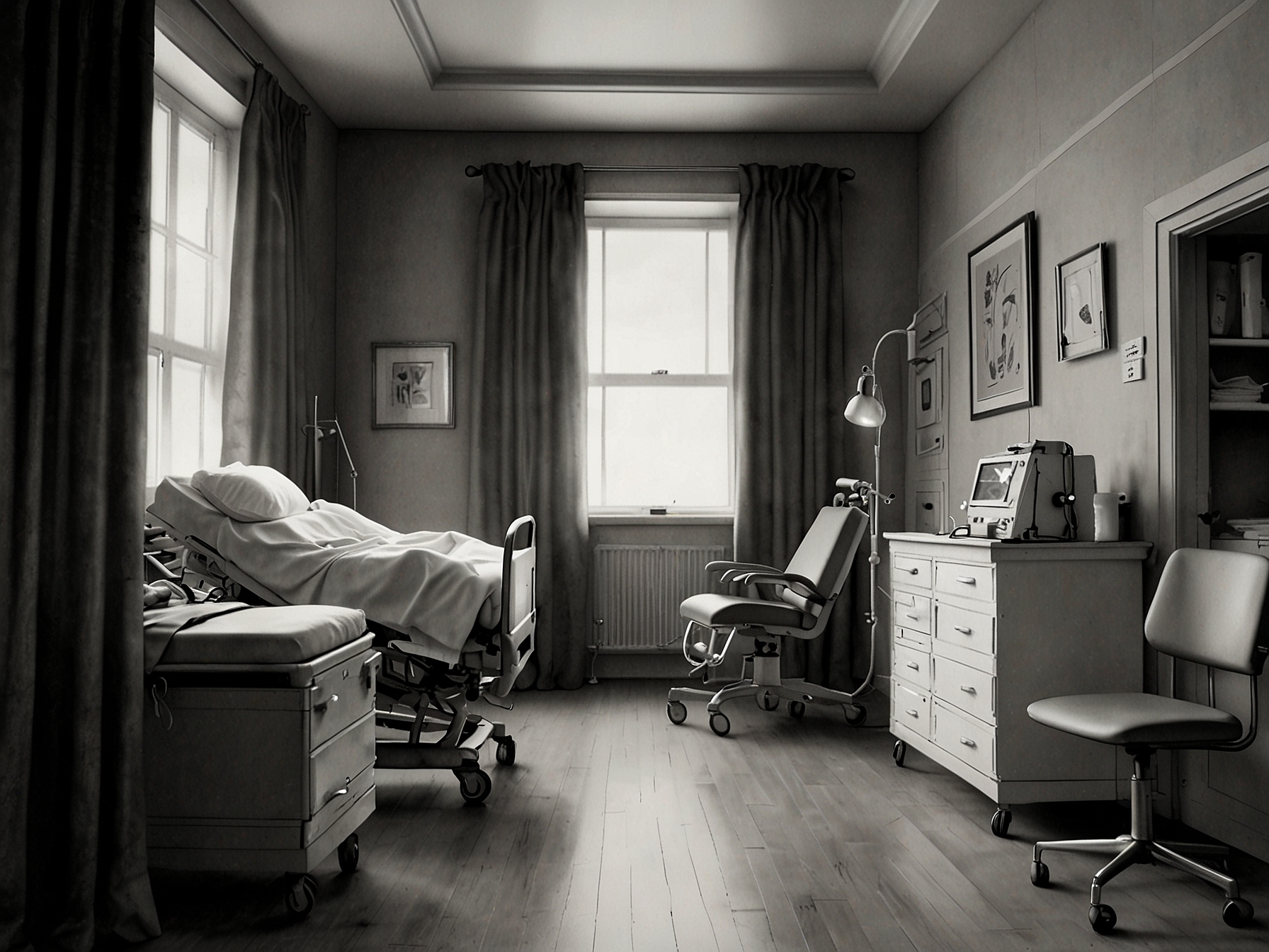 An image depicting a hospital room, filled with medical machinery and a bed, symbolizing the relentless medical battles faced by Graham Caveney as described in 'The Body in the Library'.