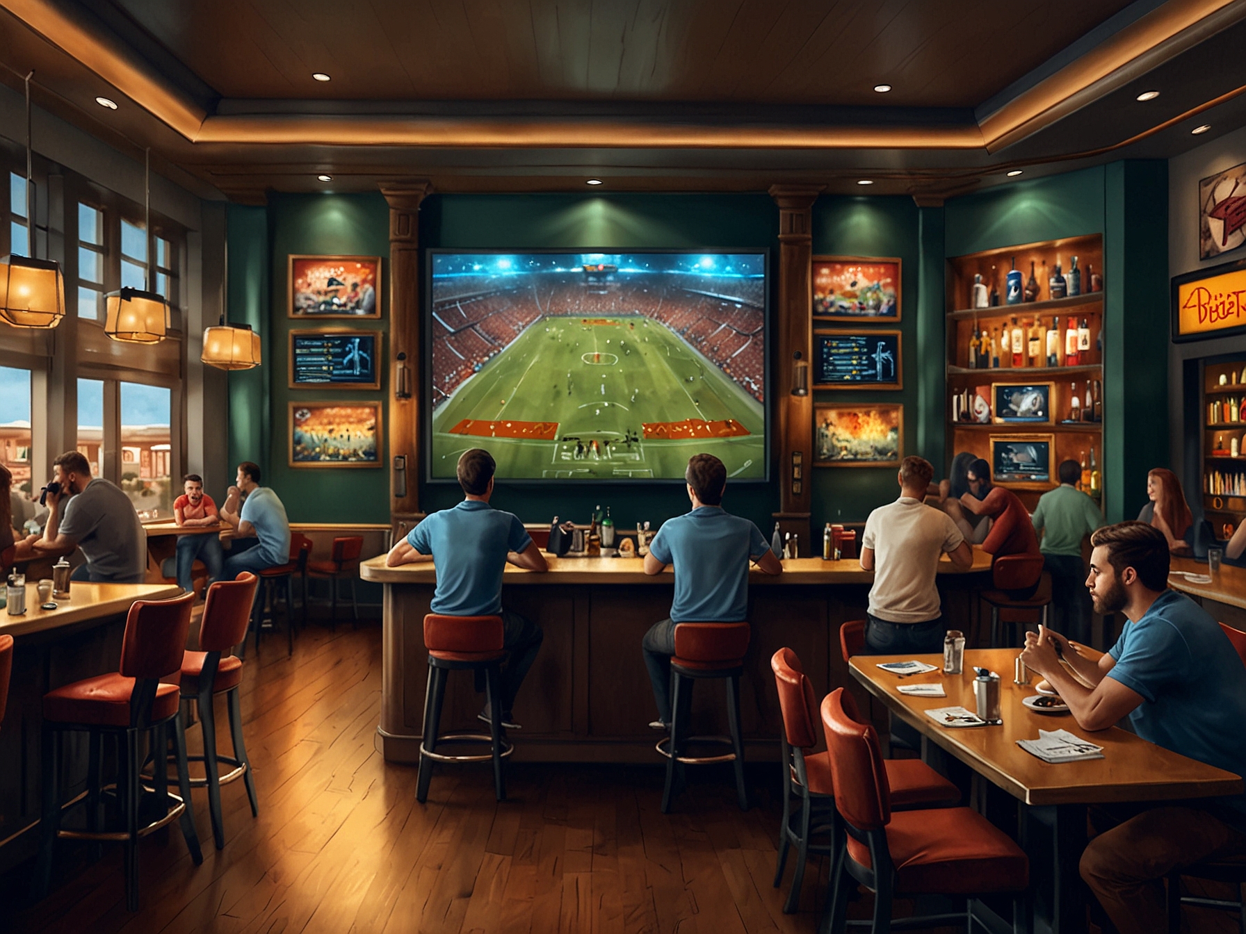 A vibrant sports bar in Las Vegas, filled with fans eagerly watching multiple screens showing different sports games, such as football, basketball, and soccer, creating an energetic atmosphere.