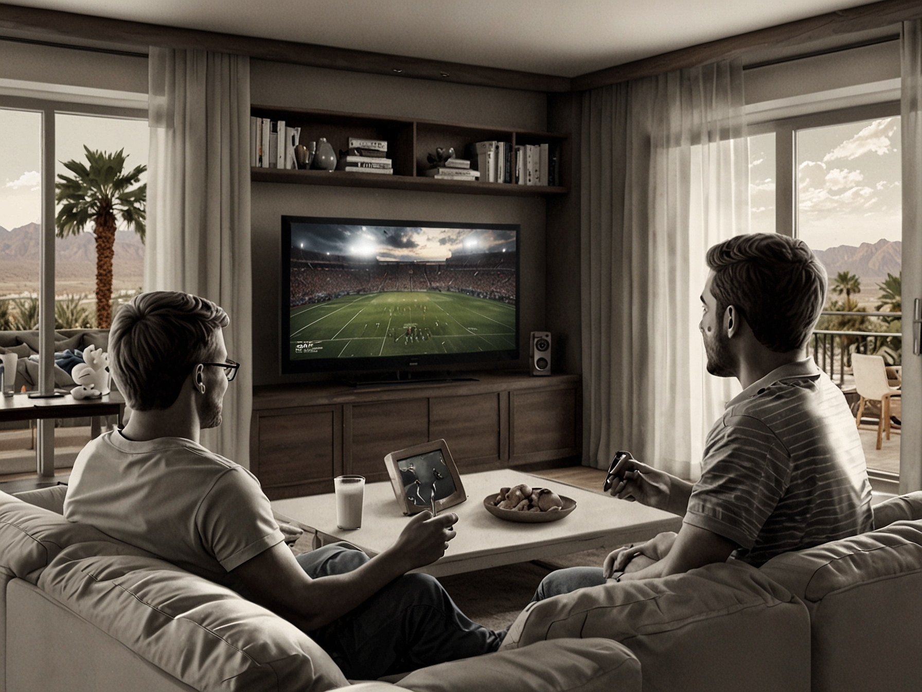 A Las Vegas living room setup with a family watching an intense football game on a large flat-screen TV. The scene captures the excitement and convenience of accessing various sports channels at home.