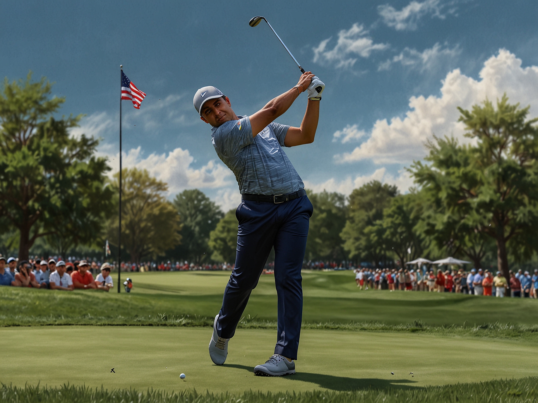 Akshay Bhatia takes a swing at the Rocket Mortgage Classic, his focus and precision evident in every move. The Detroit Golf Club's challenging course serves as the backdrop.