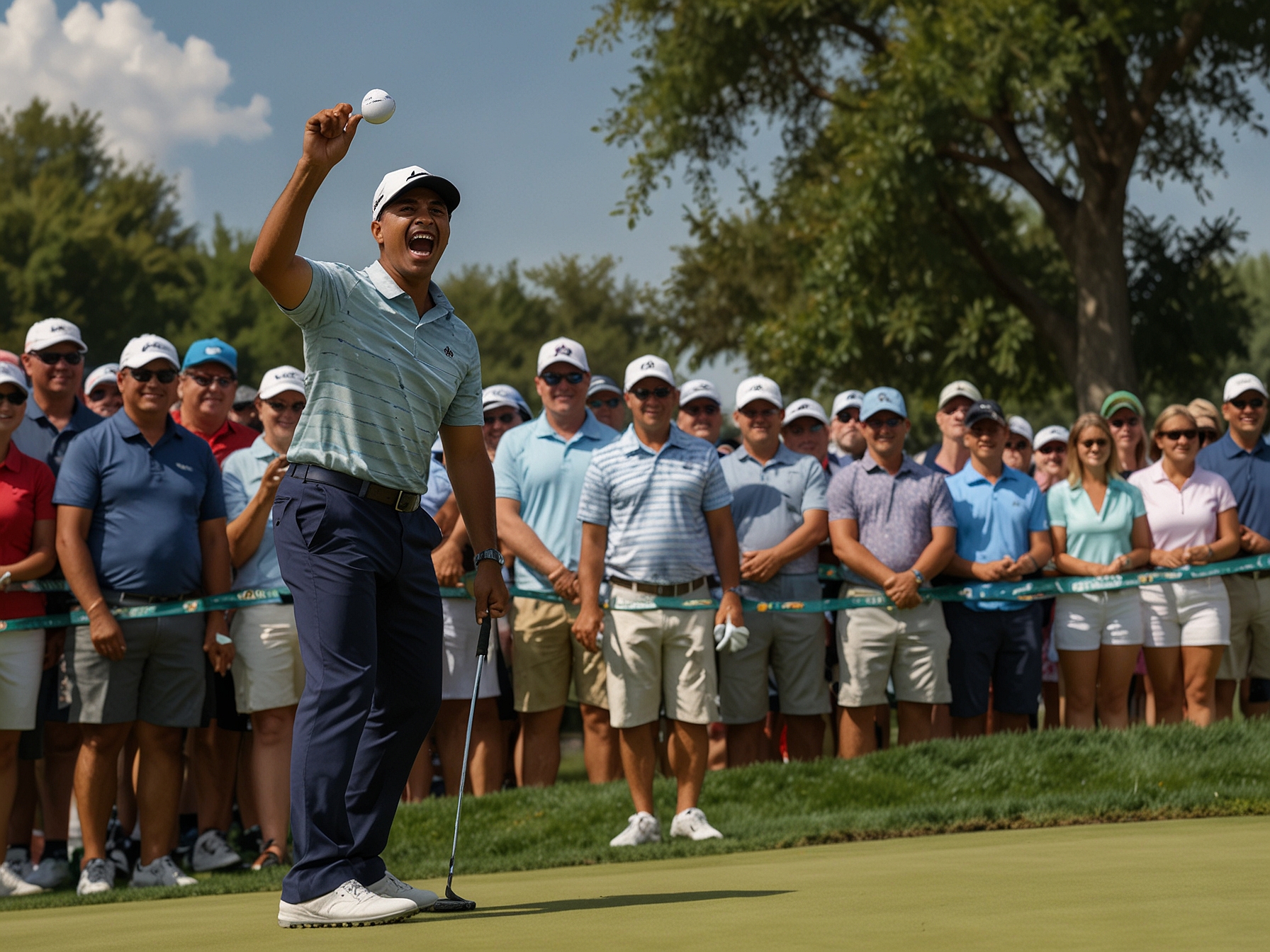 Fans cheer enthusiastically as Akshay Bhatia sinks a clutch putt, demonstrating his exceptional control and calm under pressure during the Rocket Mortgage Classic.