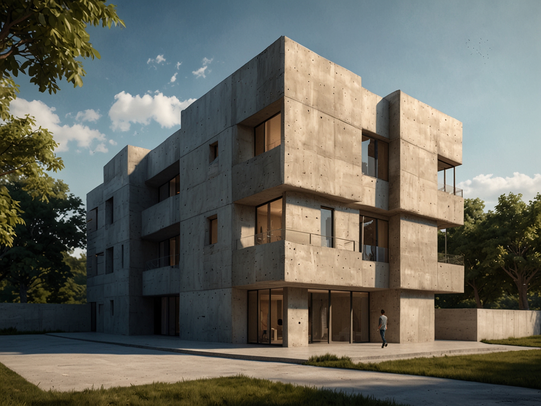 A completed building constructed with carbonated concrete, illustrating the durability and environmental benefits of this new method while maintaining the structural integrity of traditional concrete.