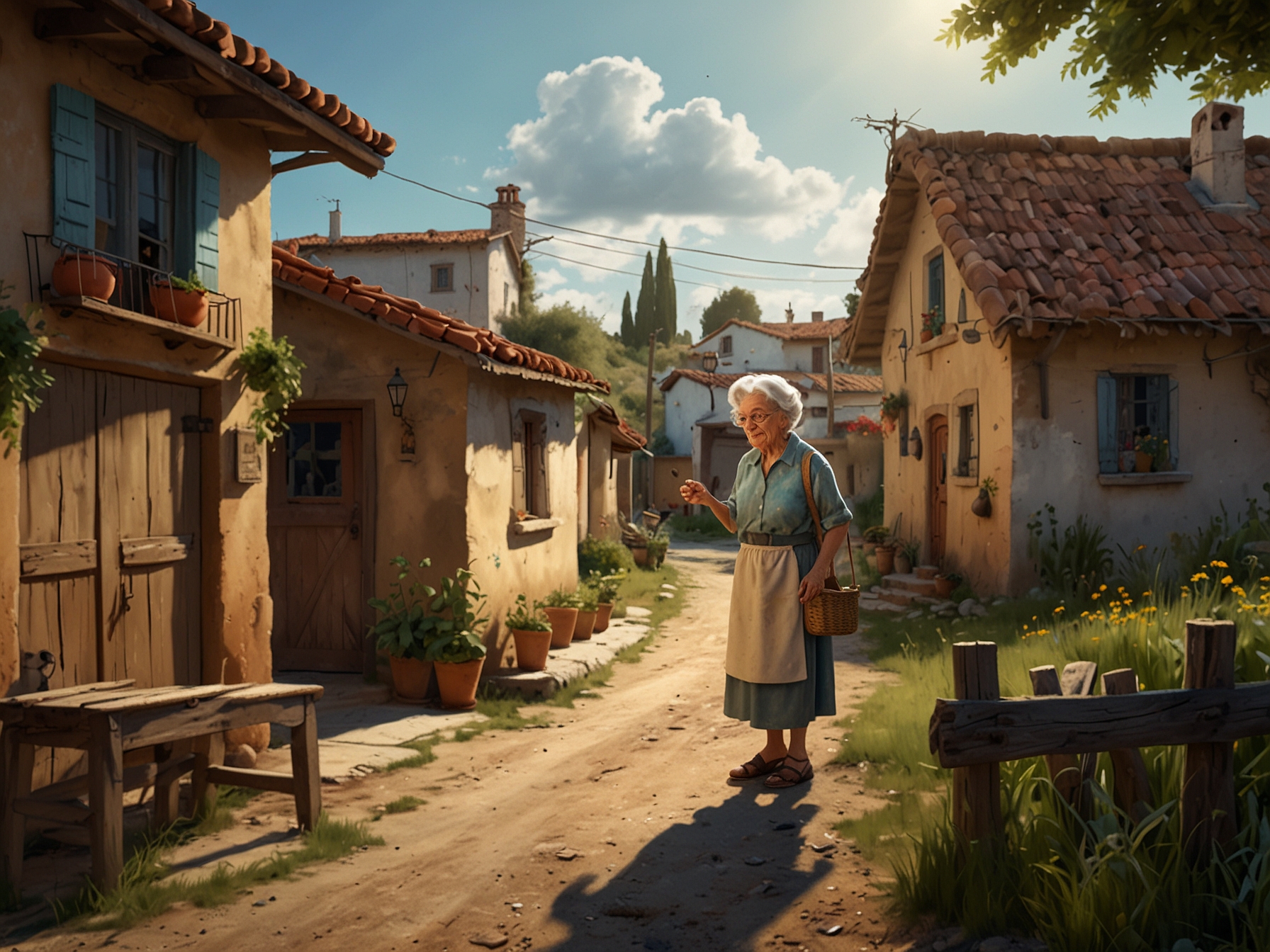 A whimsical scene where Rita, the mischievous elderly protagonist, interacts with her skeptical neighbors in the quaint Argentinian village, highlighting her quirky personality and rule-bending tactics.