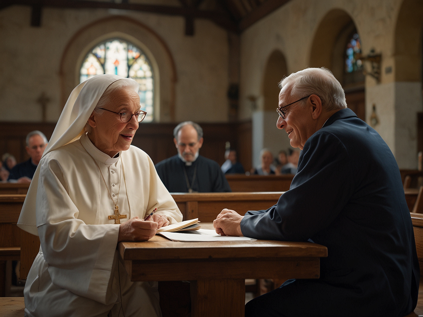 Rita candidly speaking to the local priest in the village church, conveying both comedic and heartfelt elements, capturing the film’s blend of humor, faith, and philosophical inquiry.