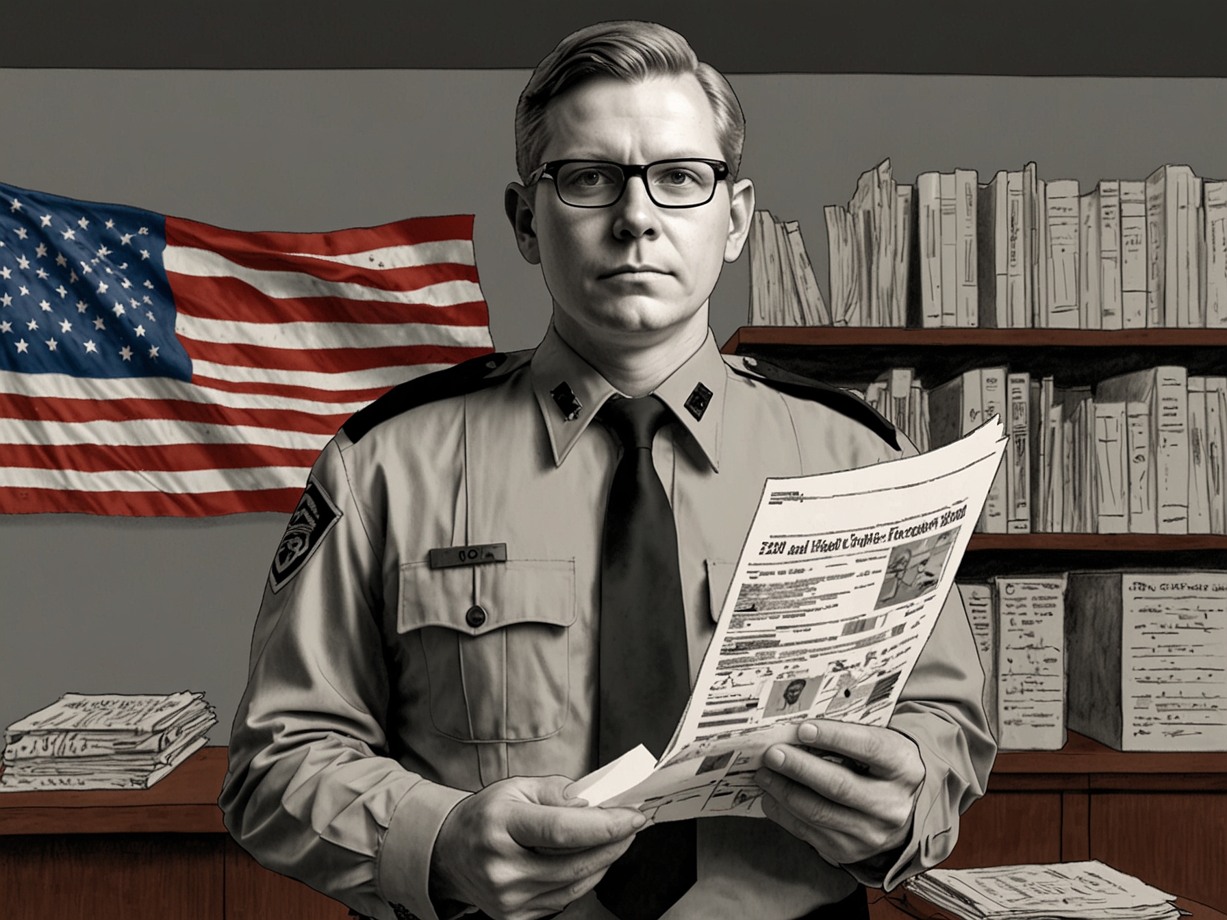 An image of a federal officer with legal documents, symbolizing the regulatory crackdown on telehealth companies like Done Global for improper distribution of controlled substances.