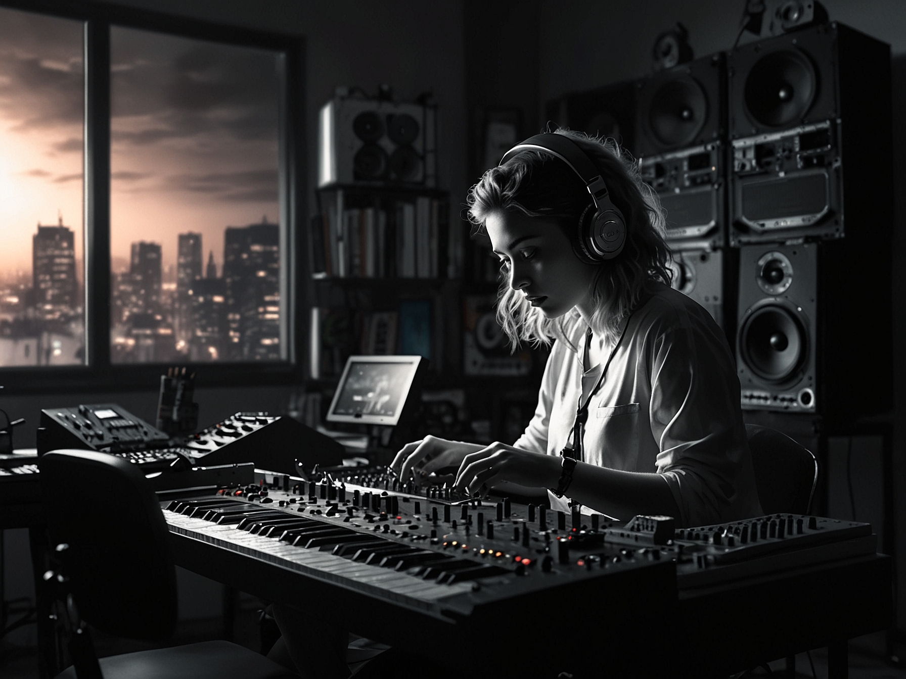 Luna Noir in a dimly lit studio, surrounded by electronic equipment, as she works on her innovative sounds, highlighting her experimental pop style that has drawn attention in 2024.