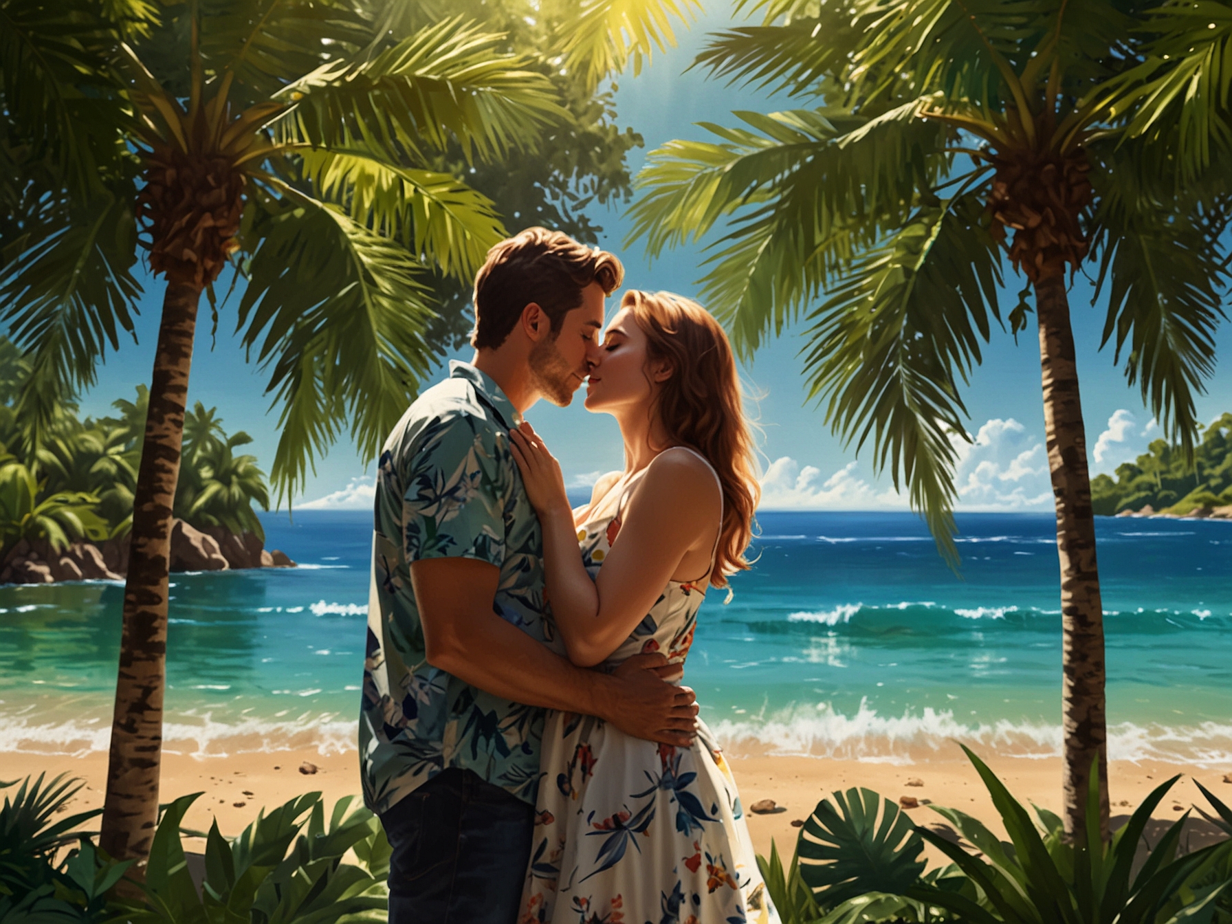 A vibrant tropical scene with lush greenery and bright sunshine, depicting the summery feel of KISS OF LIFE's teaser for their upcoming single 'Sticky'.