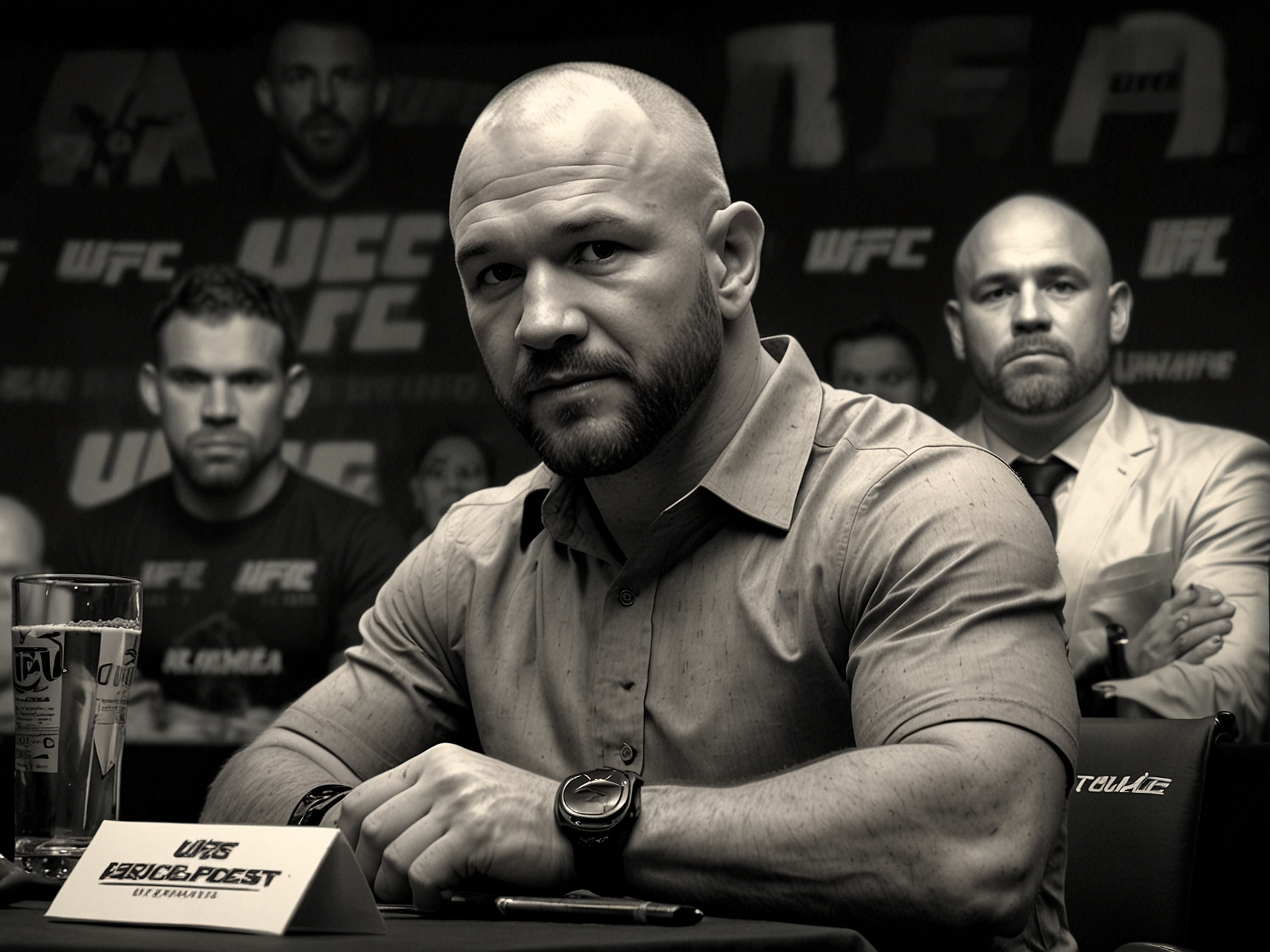 Dana White making a bold announcement at the UFC 303 press conference, expressing his decision to distribute two Fight of the Night bonuses, enhancing excitement for the event.