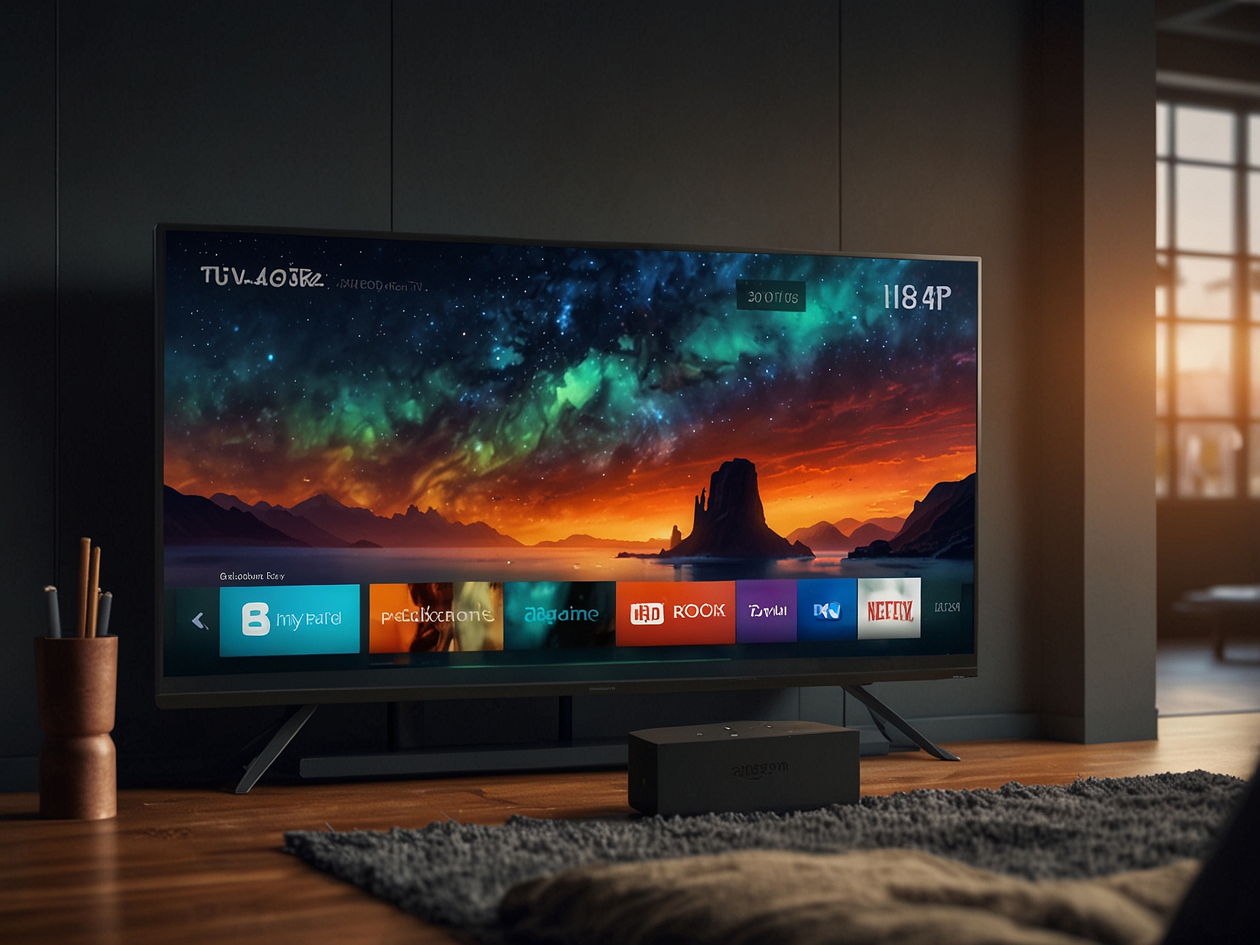A modern 4K UHD TV with an Amazon Fire TV Stick 4K plugged in, streaming a stunning HDR10+ movie, demonstrating the enhanced colors, contrasts, and 4K resolution.