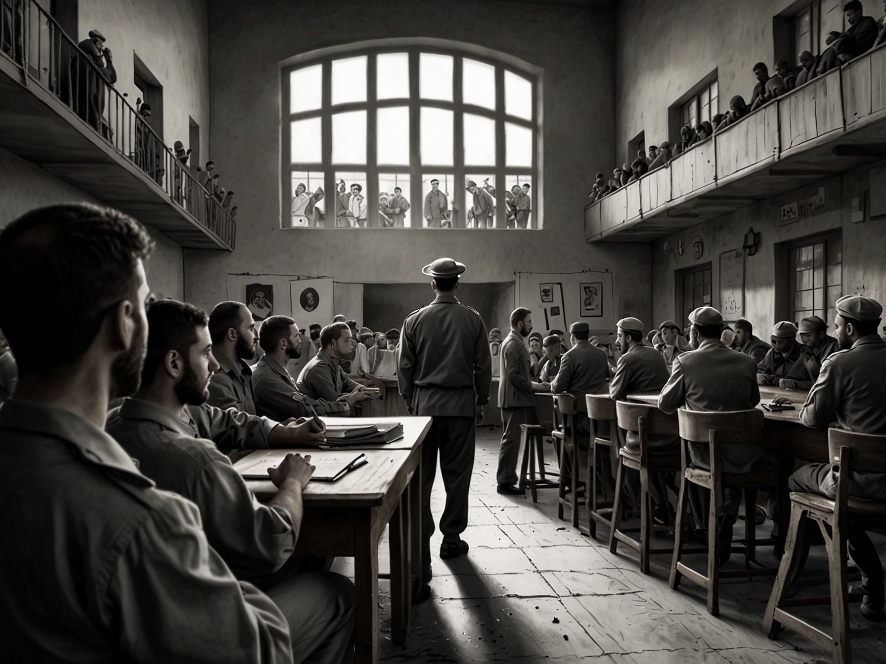 A modern Israeli scene with yeshiva students in the background and soldiers in the forefront, illustrating the ongoing debate over military service and religious obligations within Israel's Jewish communities.