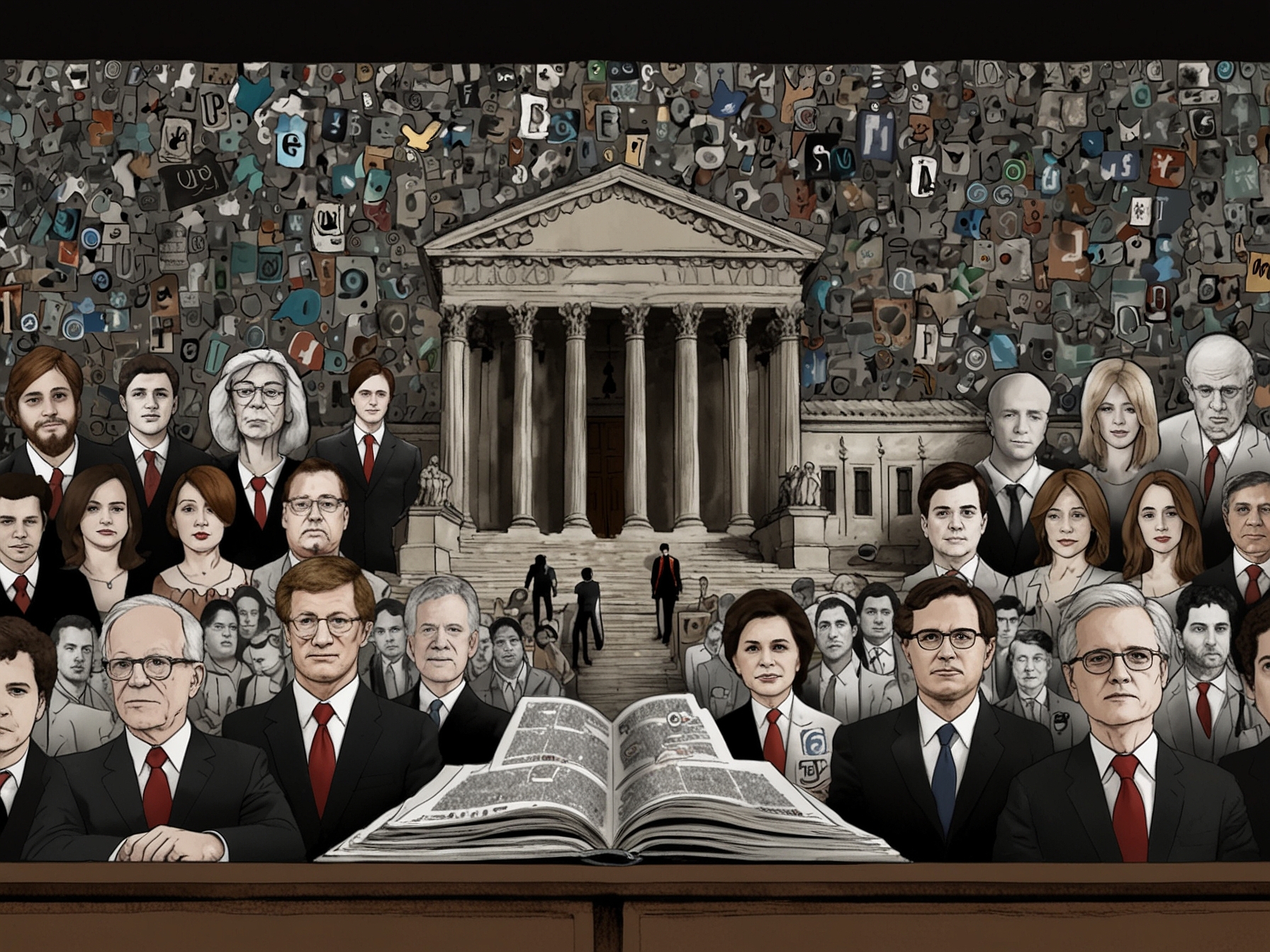 An illustration showing social media icons, emphasizing the impact of the Supreme Court decision on the regulation of online content and the balance between free speech and misinformation control.