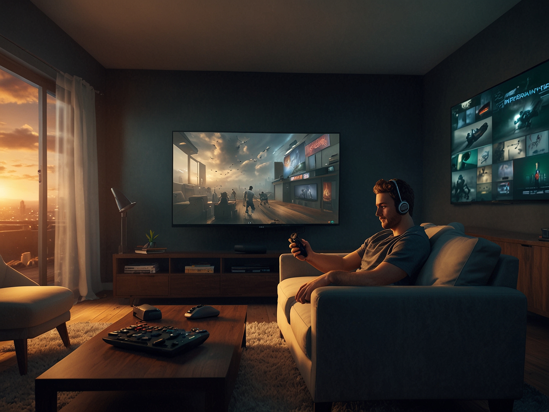 Graphic depicting seamless gaming through cloud streaming, featuring a gamer in a living room playing Xbox Game Pass games on an Amazon Fire TV device.