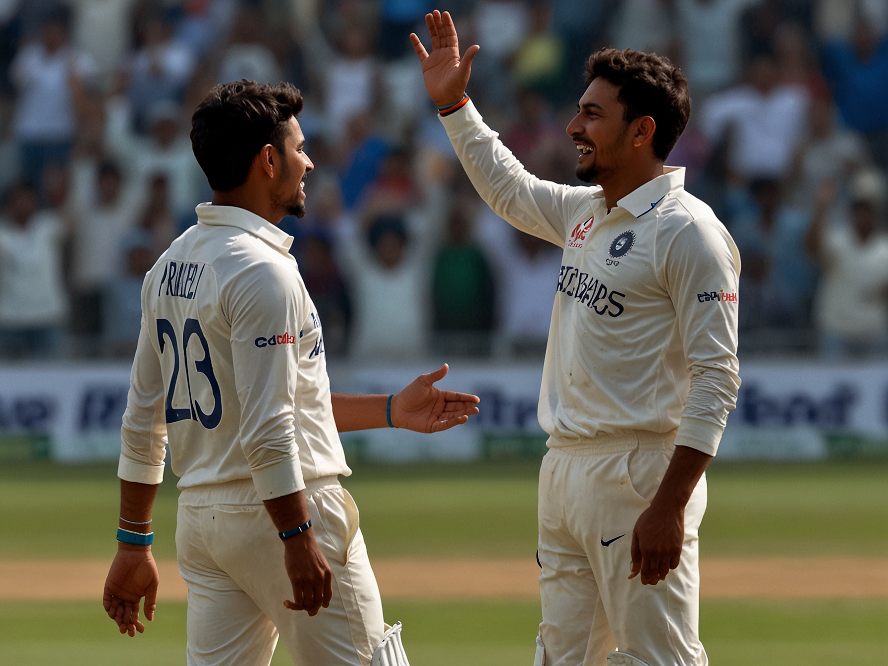 Kuldeep Yadav and Axar Patel celebrate after taking crucial wickets against England, their spins pivotal in steering India to the final.