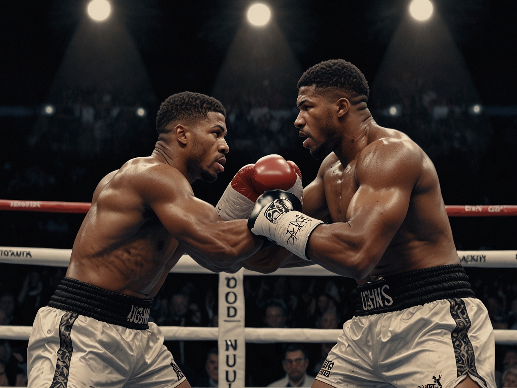 Anthony Joshua and Daniel Dubois face off during a heated pre-fight promotional event, with both boxers showing intense emotions and security stepping in to prevent a physical altercation.
