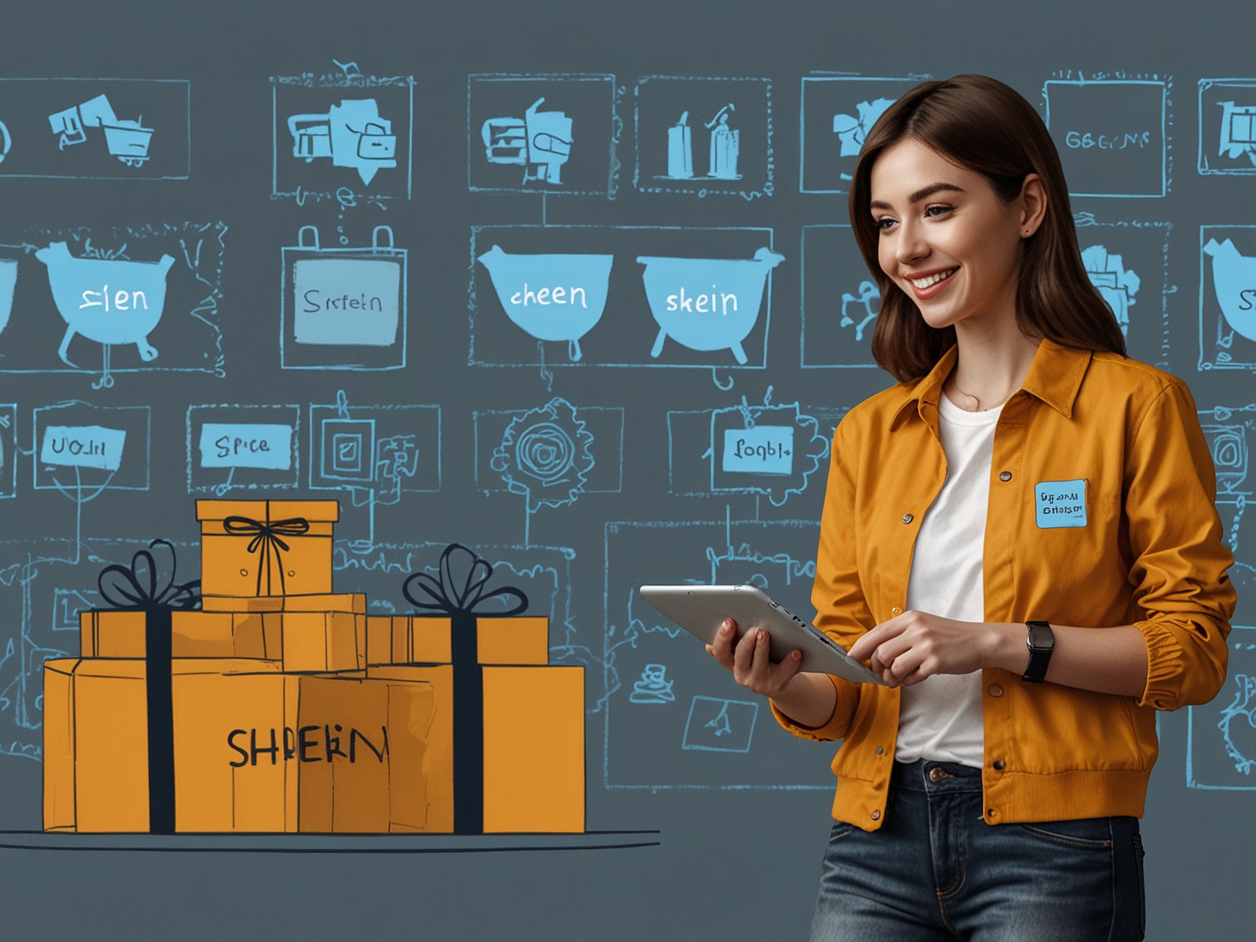A graphic depicting Shein's connected-commerce strategy, integrating social media, online platforms, and mobile apps, emphasizing personalized marketing and CRM systems for customer engagement.