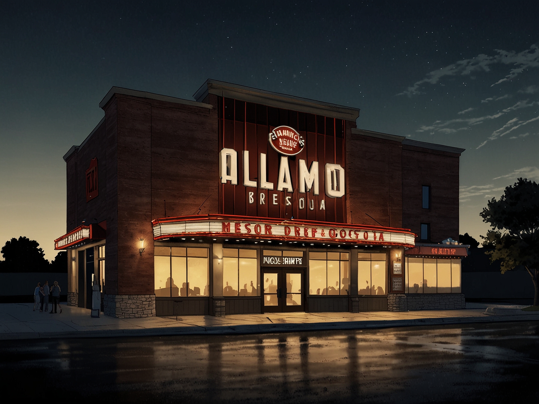 The exterior of Alamo Drafthouse Cinema in Woodbury, brightly lit and welcoming, with a marquee announcing its grand reopening under new management, creating excitement among moviegoers.