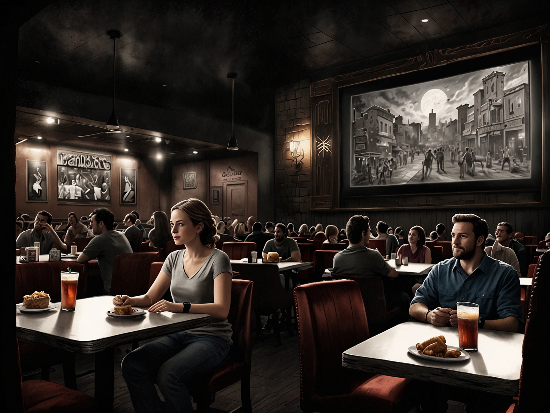 Inside Alamo Drafthouse, patrons enjoy a movie while dining, with high-quality picture and sound. The lively atmosphere reflects the theater's commitment to an immersive and distraction-free experience.