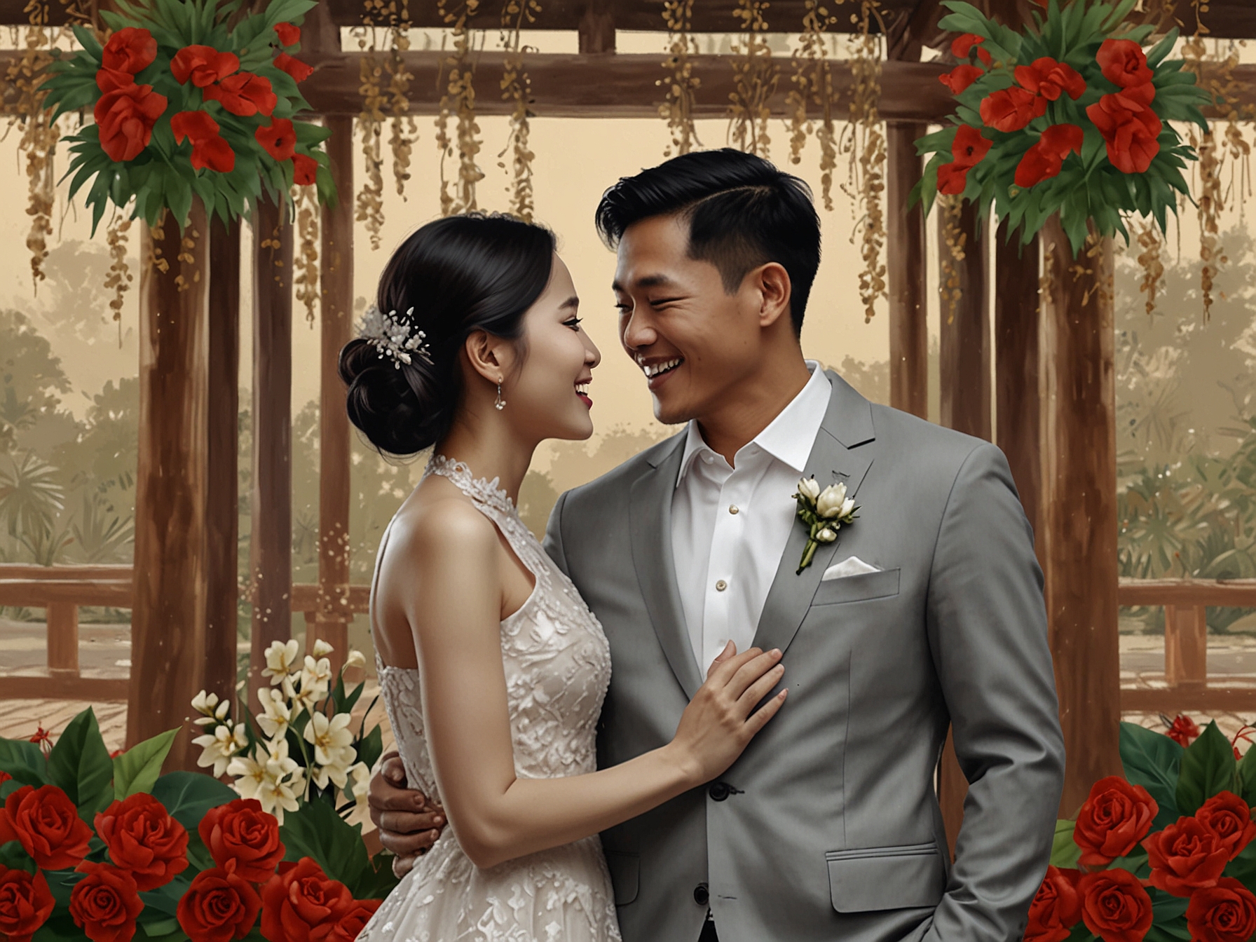 Newyear Kitiwhut and Both Nattapong sharing a joyful moment during their engagement ceremony, surrounded by a beautifully decorated backdrop symbolizing their love and commitment.