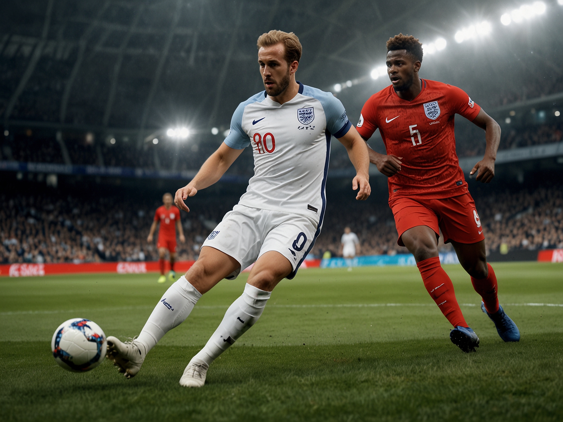 Harry Kane in action, shooting towards goal during a match, with intense focus. The image underscores his role as England’s leading goal-scorer.