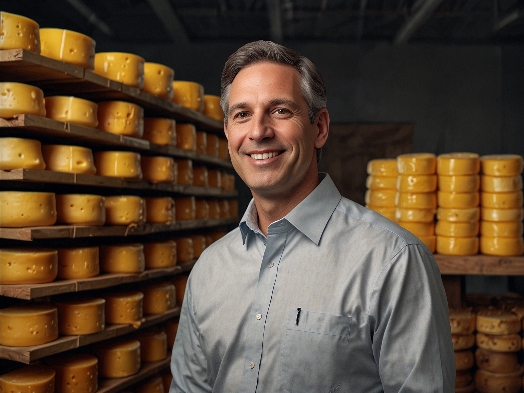 Michael Pellegrino, Sargento's new COO, stands with a backdrop of cheese production, symbolizing his new role in driving operational excellence and future growth for the company.